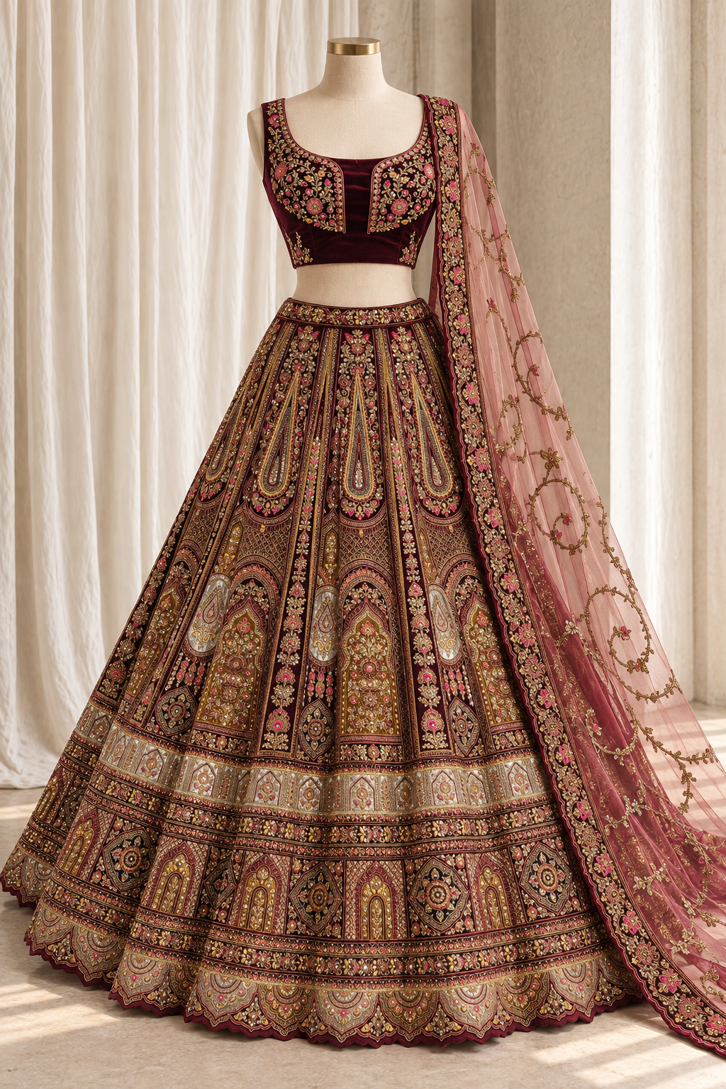 Ravishing Velvet Fabric and Maroon Color With Zari Work Bridal Lehenga Choli