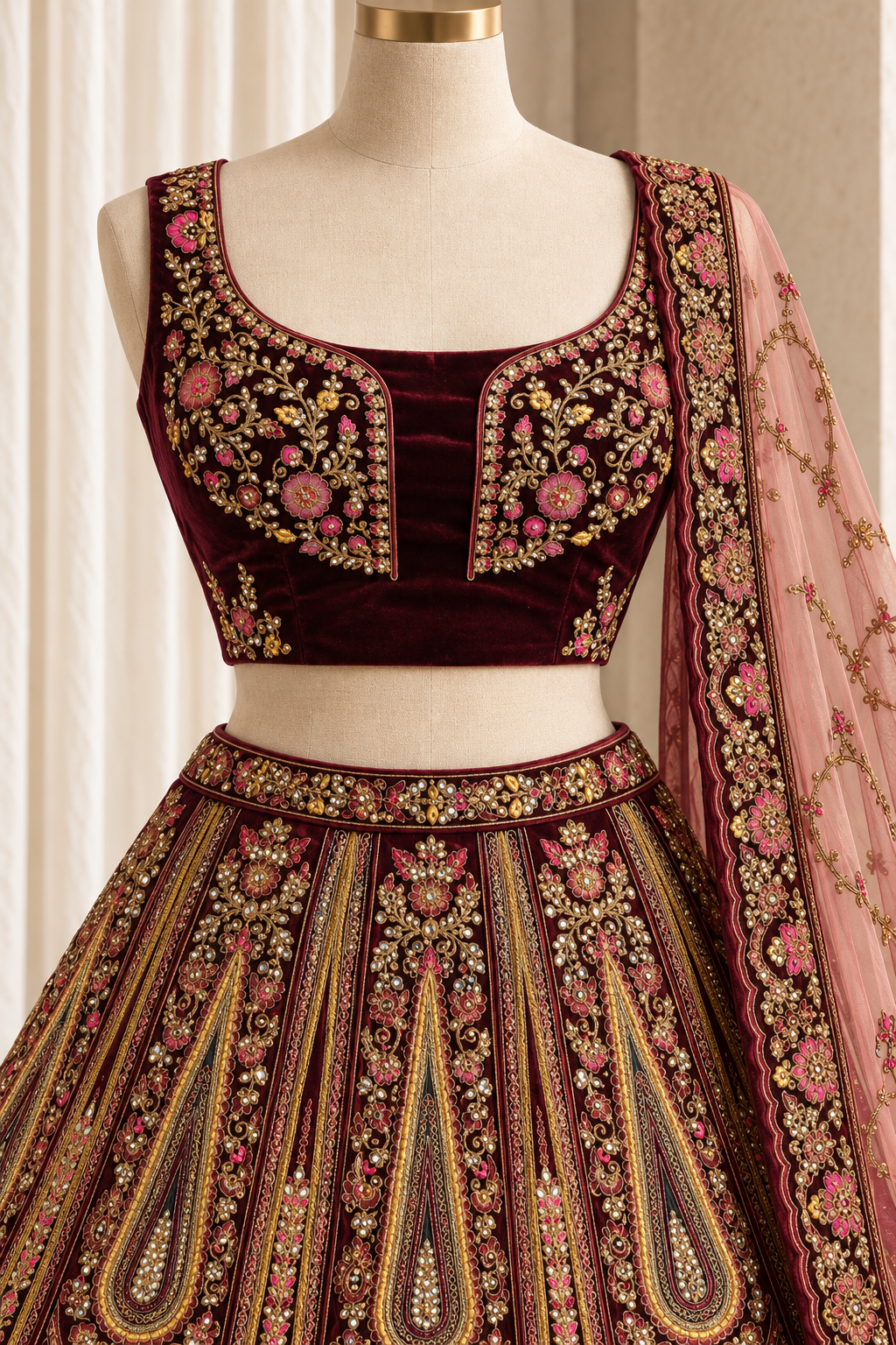 Ravishing Velvet Fabric and Maroon Color With Zari Work Bridal Lehenga Choli