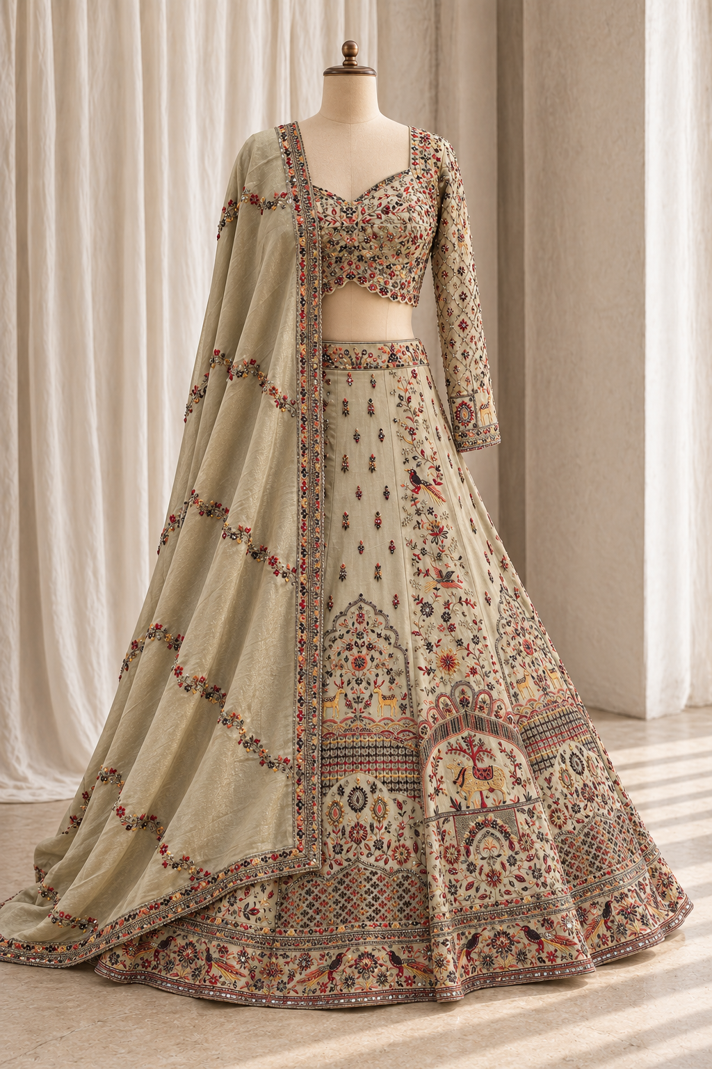 Radiant Pashmina Silk Fabric and Dusty Green Color With Mirror Work Lehenga Choli