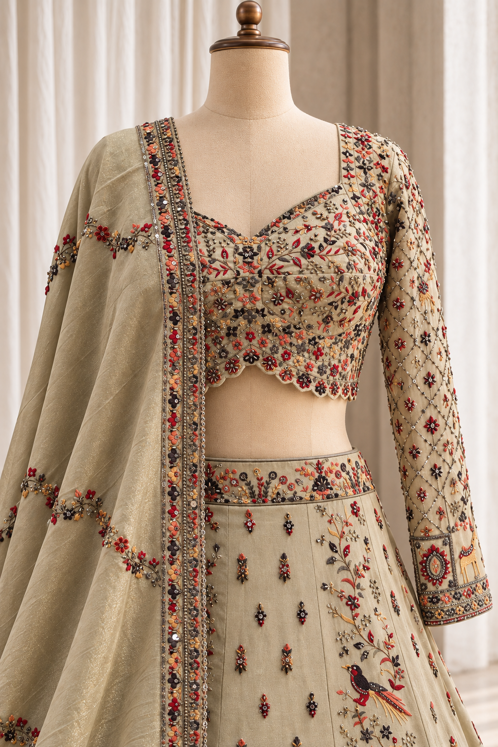 Radiant Pashmina Silk Fabric and Dusty Green Color With Mirror Work Lehenga Choli