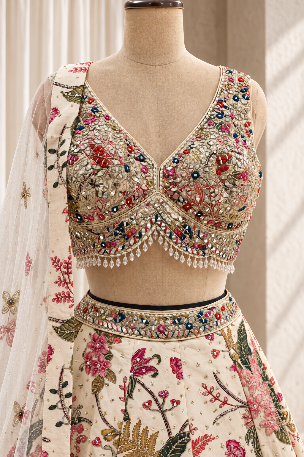 Stunning Art Silk Fabric and Beige Color With Mirror Work Lehenga Choli
