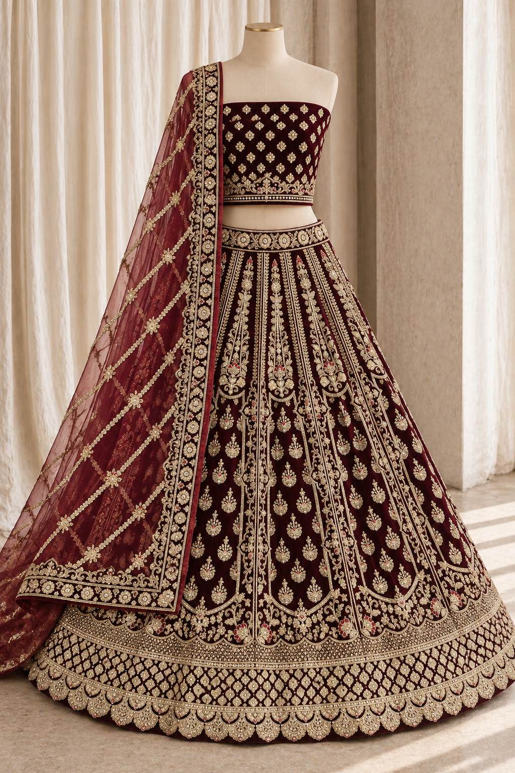 Prepossessing Velvet Fabric and Maroon Color With Zardozi Work Lehenga Choli