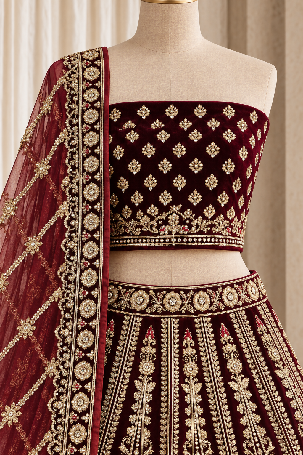 Prepossessing Velvet Fabric and Maroon Color With Zardozi Work Lehenga Choli