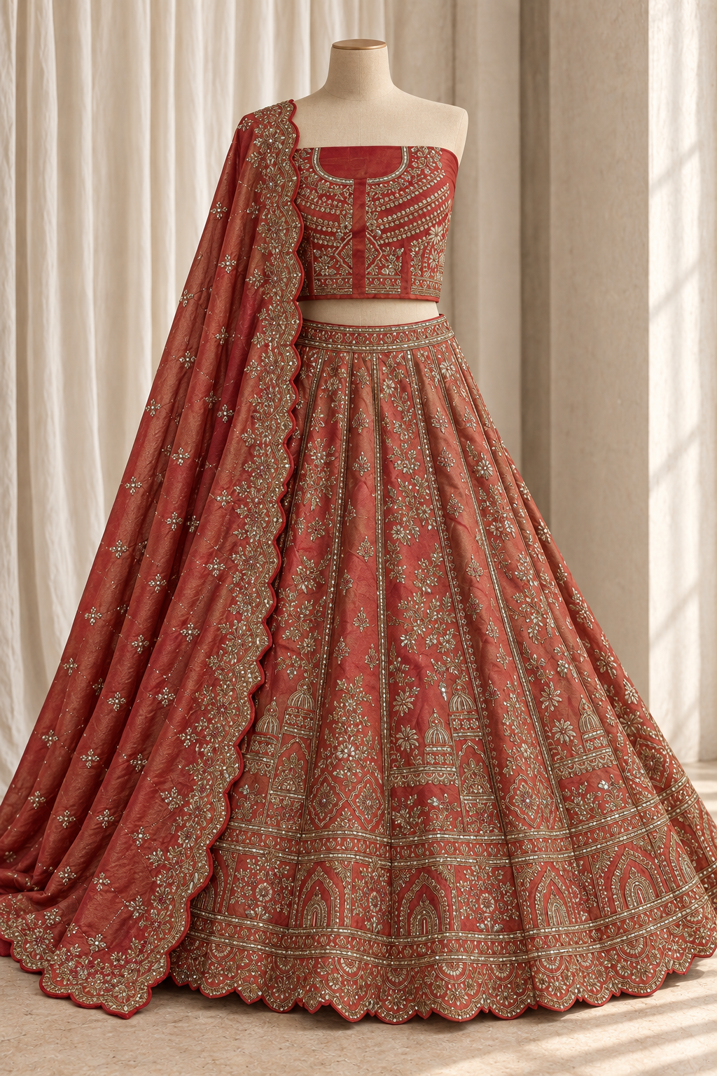 Seductive Tissue Silk Fabric and Rust Color With Cutdana Work Lehenga Choli