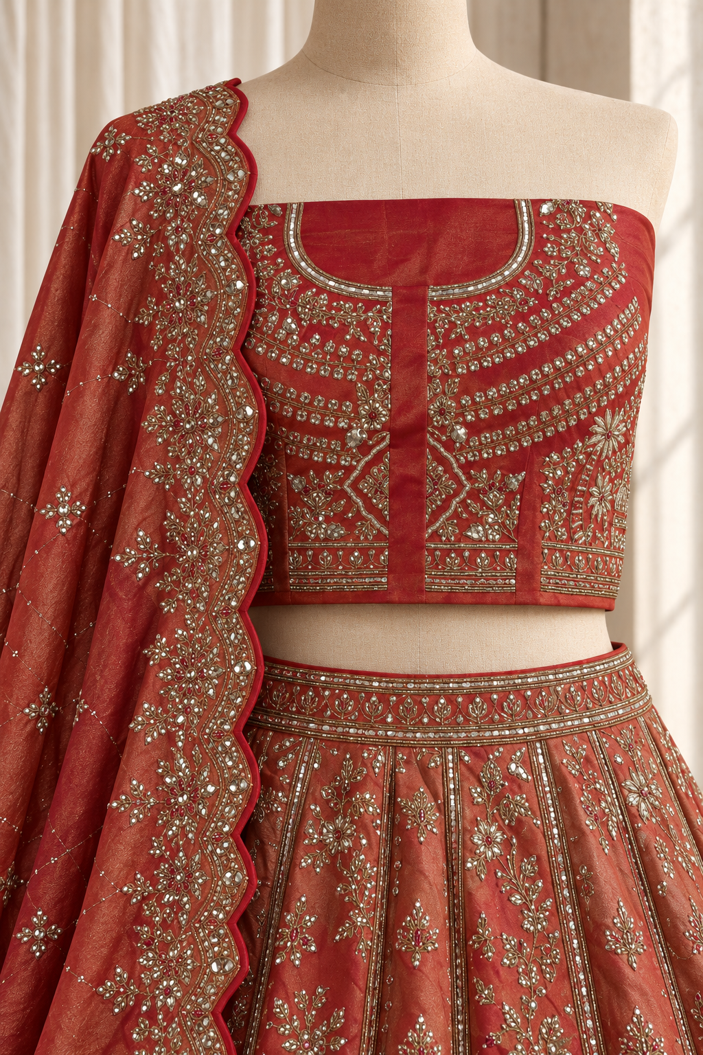 Seductive Tissue Silk Fabric and Rust Color With Cutdana Work Lehenga Choli