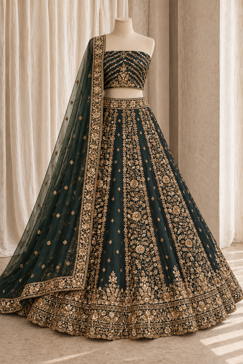 Statuesque Soft Net Fabric and Bottle Green Color With Cutdana Work Lehenga Choli