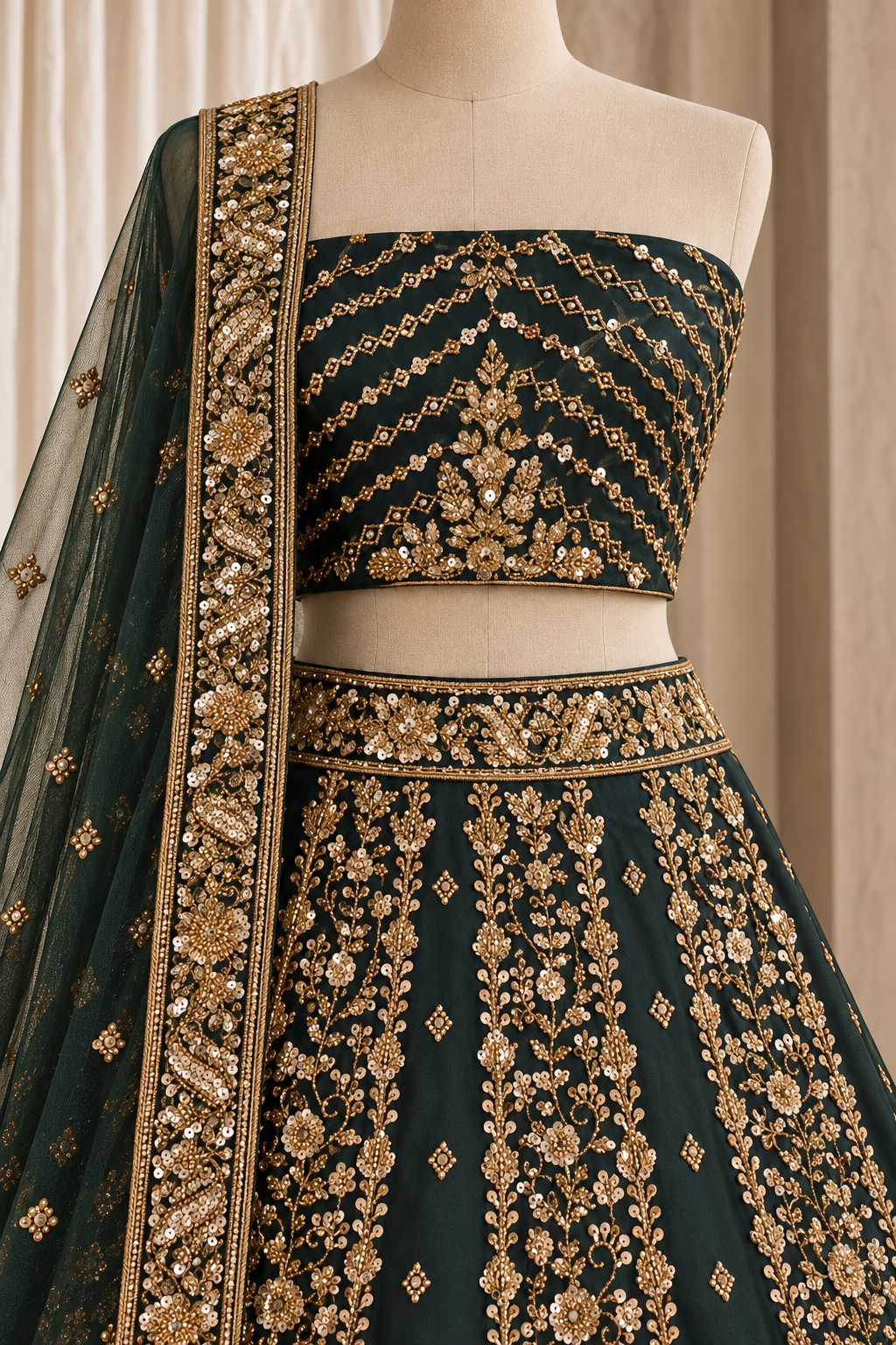 Statuesque Soft Net Fabric and Bottle Green Color With Cutdana Work Lehenga Choli