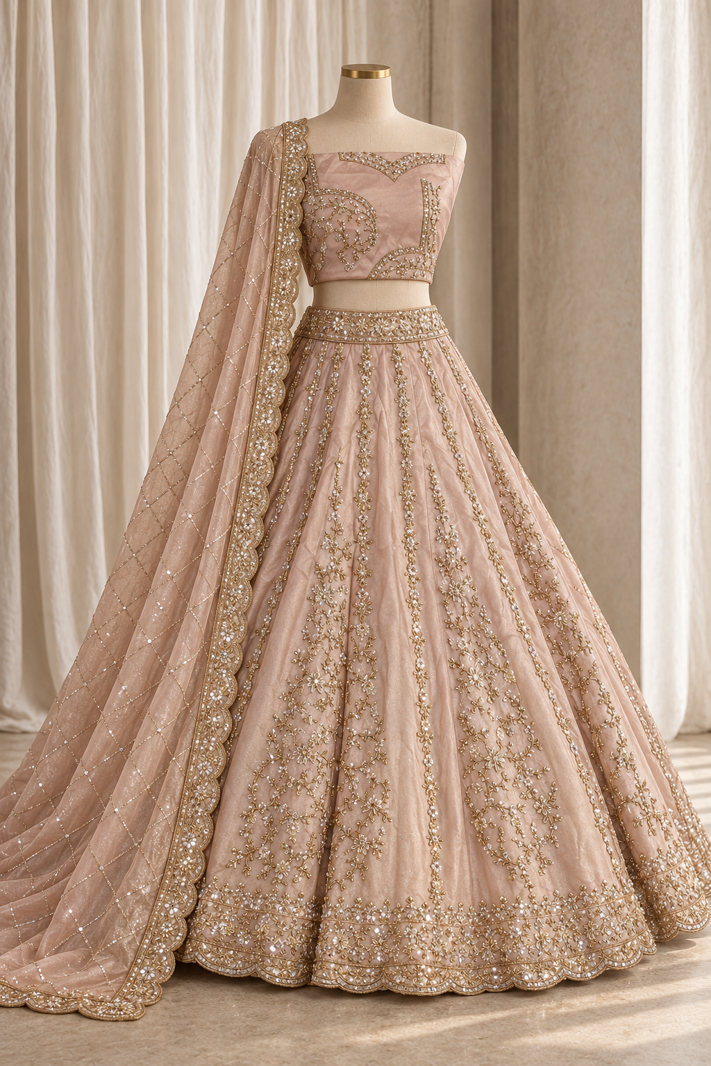 Flamboyant Tissue Silk Fabric and Peach Color With Cutdana Work Lehenga Choli