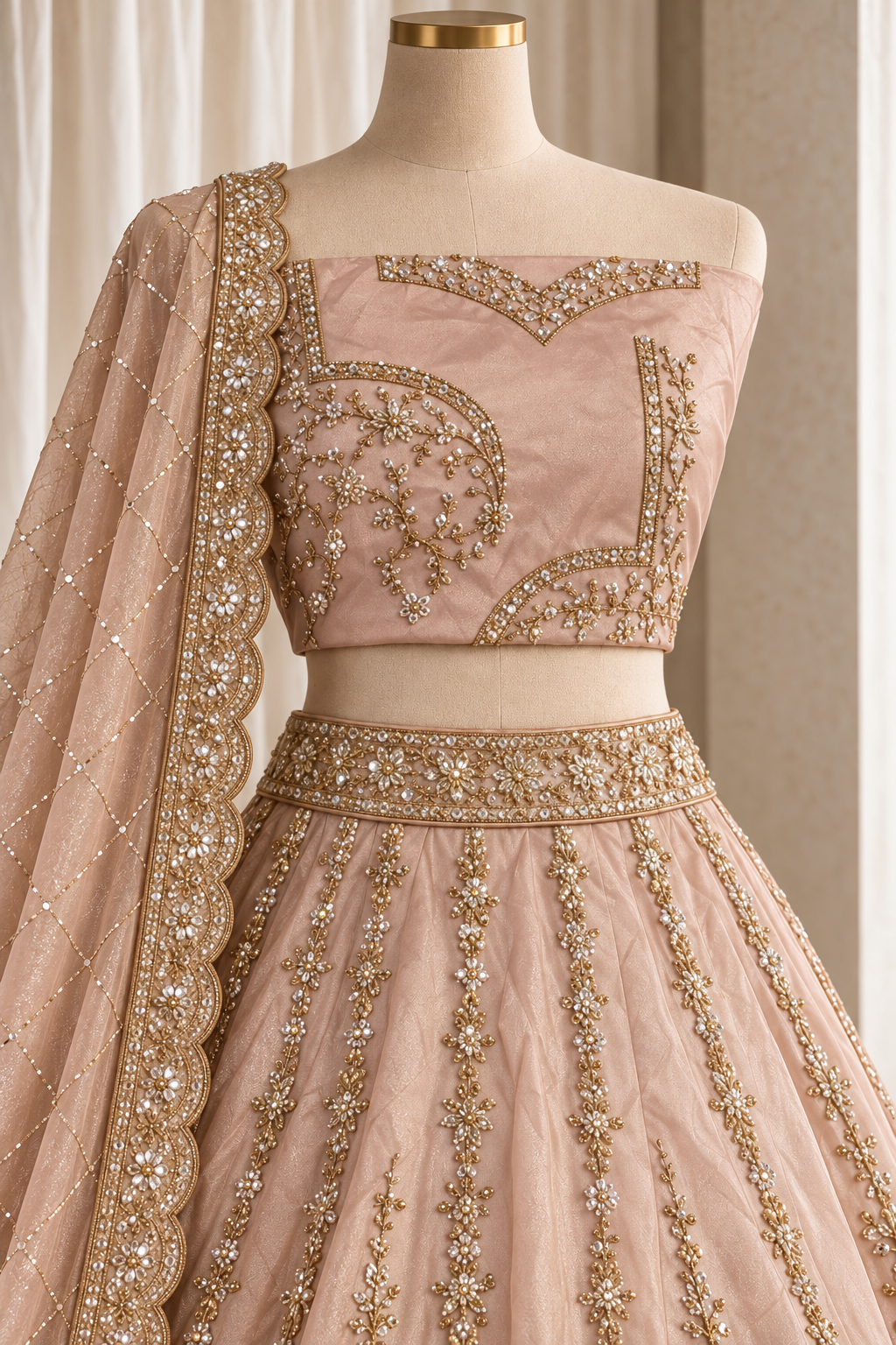 Flamboyant Tissue Silk Fabric and Peach Color With Cutdana Work Lehenga Choli