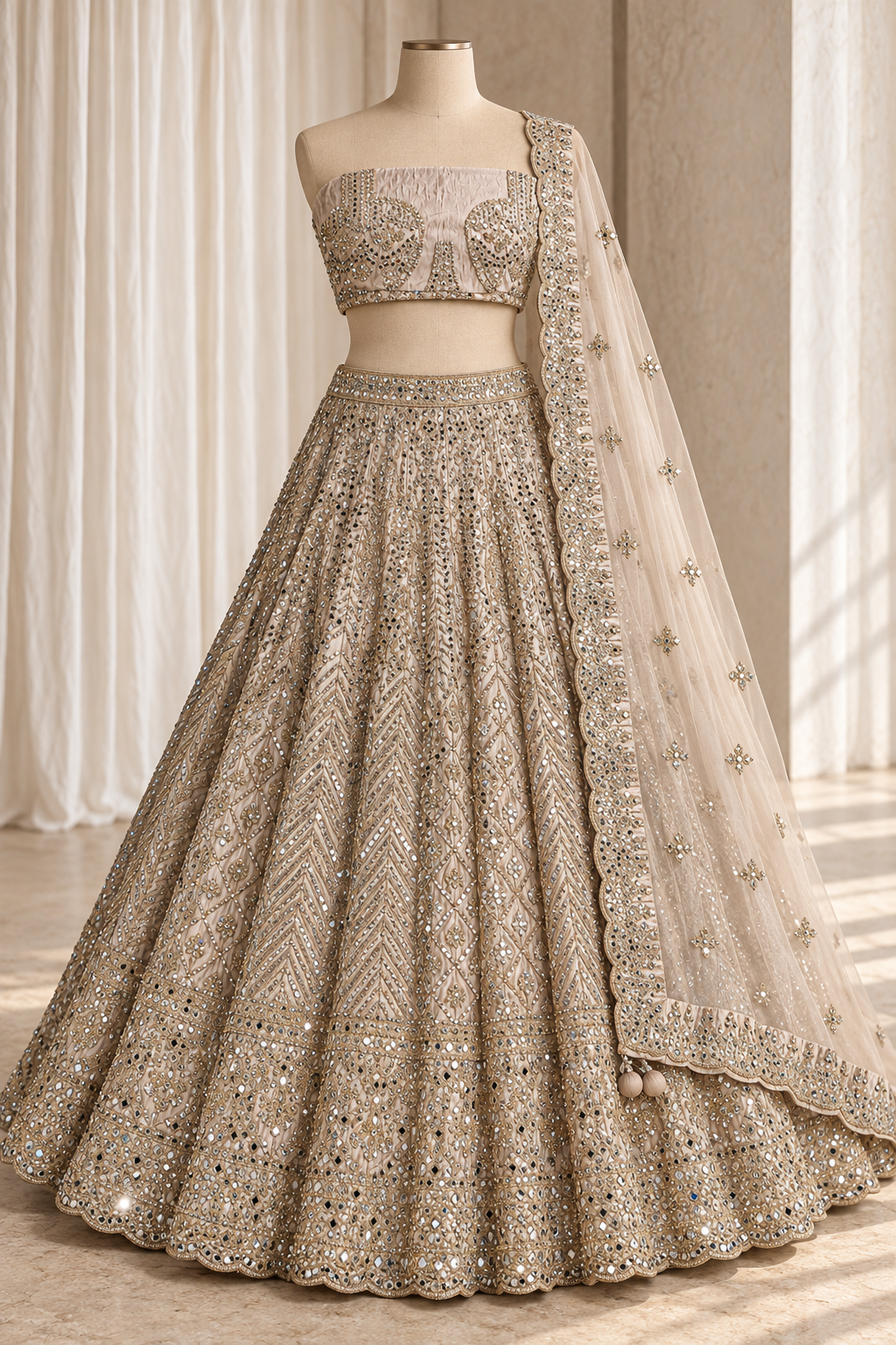 Striking Tissue Silk Fabric and Light Gold Color With Mirror Work Lehenga Choli