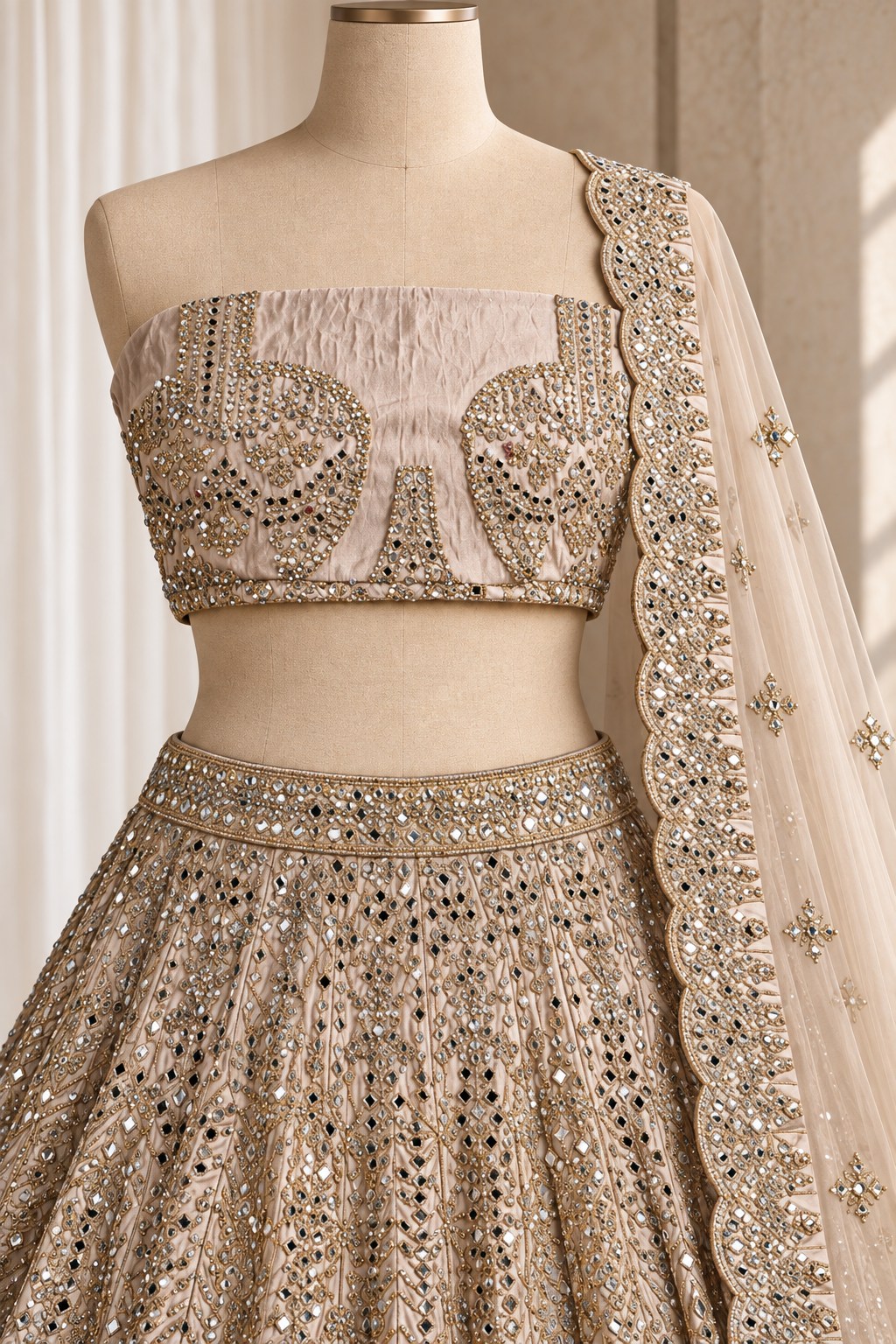 Striking Tissue Silk Fabric and Light Gold Color With Mirror Work Lehenga Choli