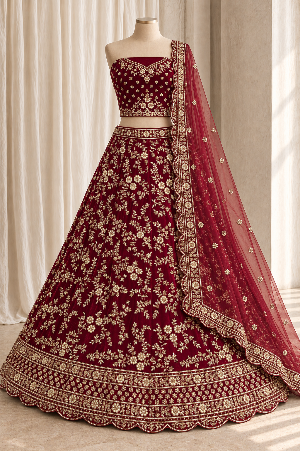 Cunning Velvet Fabric and Maroon Color With Zardozi Work Bridal Lehenga Choli