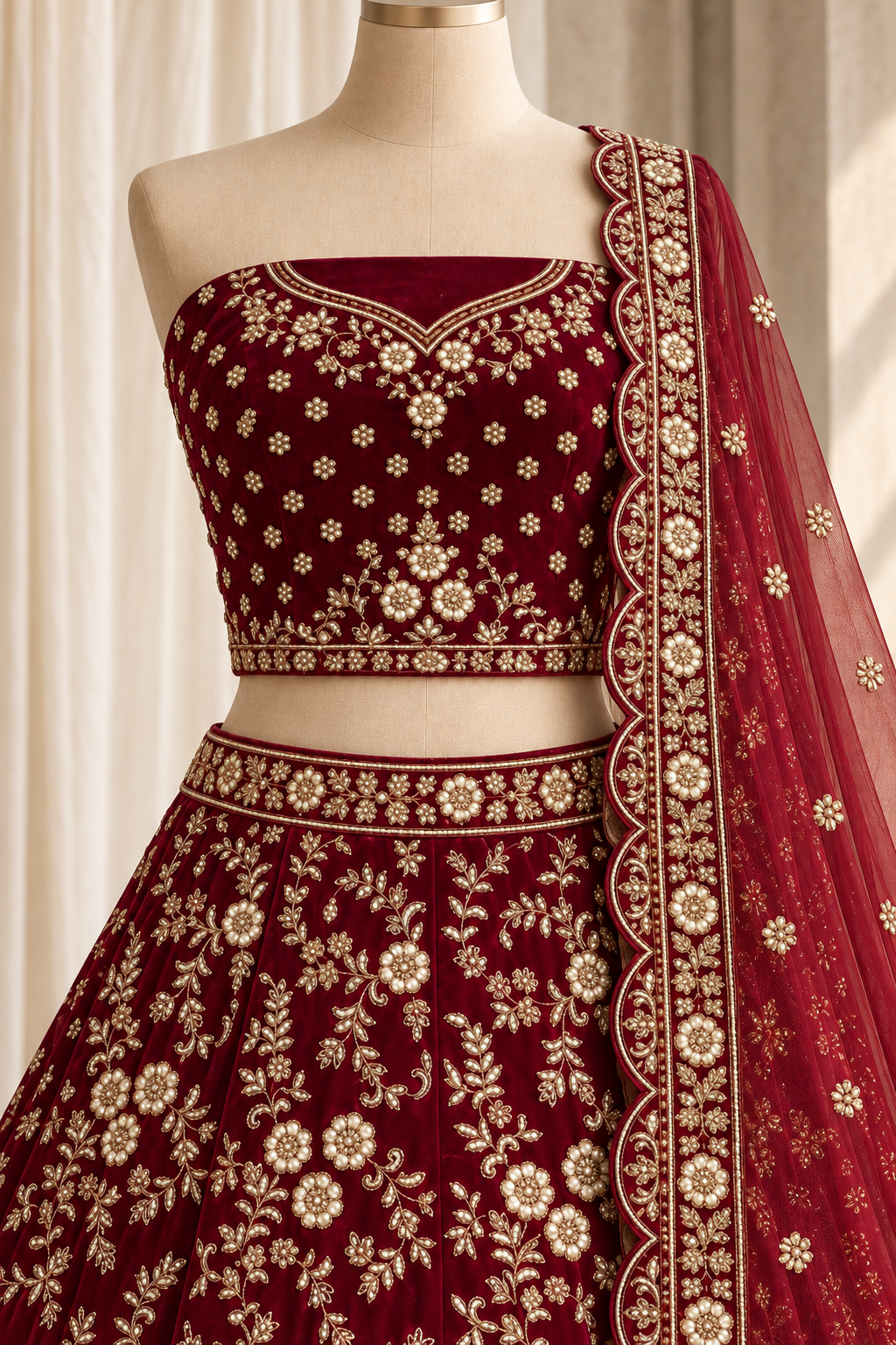 Cunning Velvet Fabric and Maroon Color With Zardozi Work Bridal Lehenga Choli