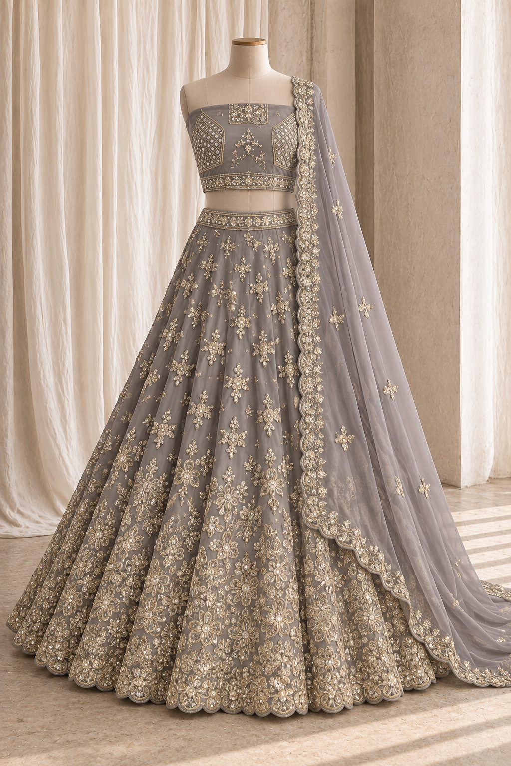 Slick Georgette Fabric and Grey Color With Sequins Work Lehenga Choli