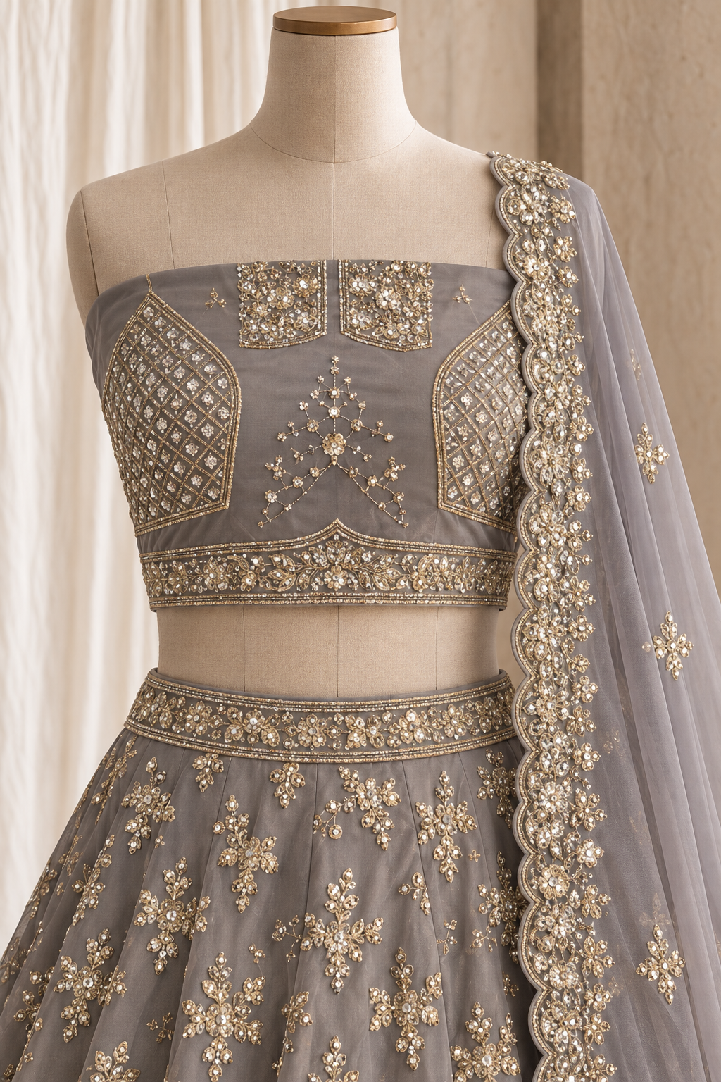 Slick Georgette Fabric and Grey Color With Sequins Work Lehenga Choli