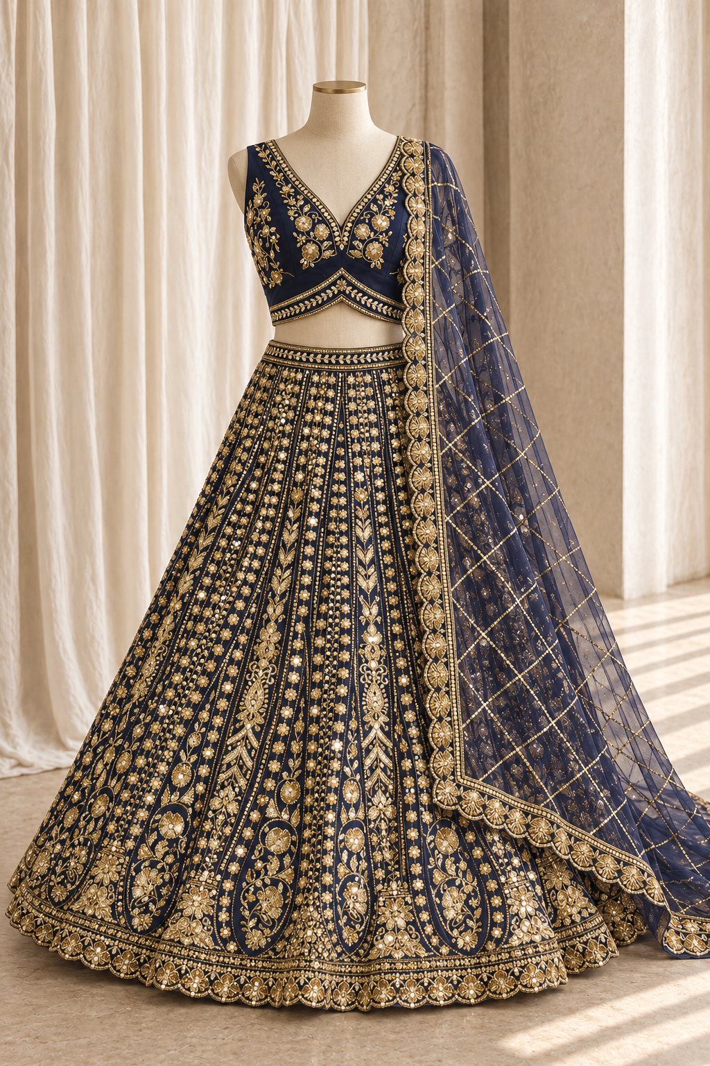 Statuesque Soft Net Fabric and Navy Blue Color With Cutdana Work Lehenga Choli
