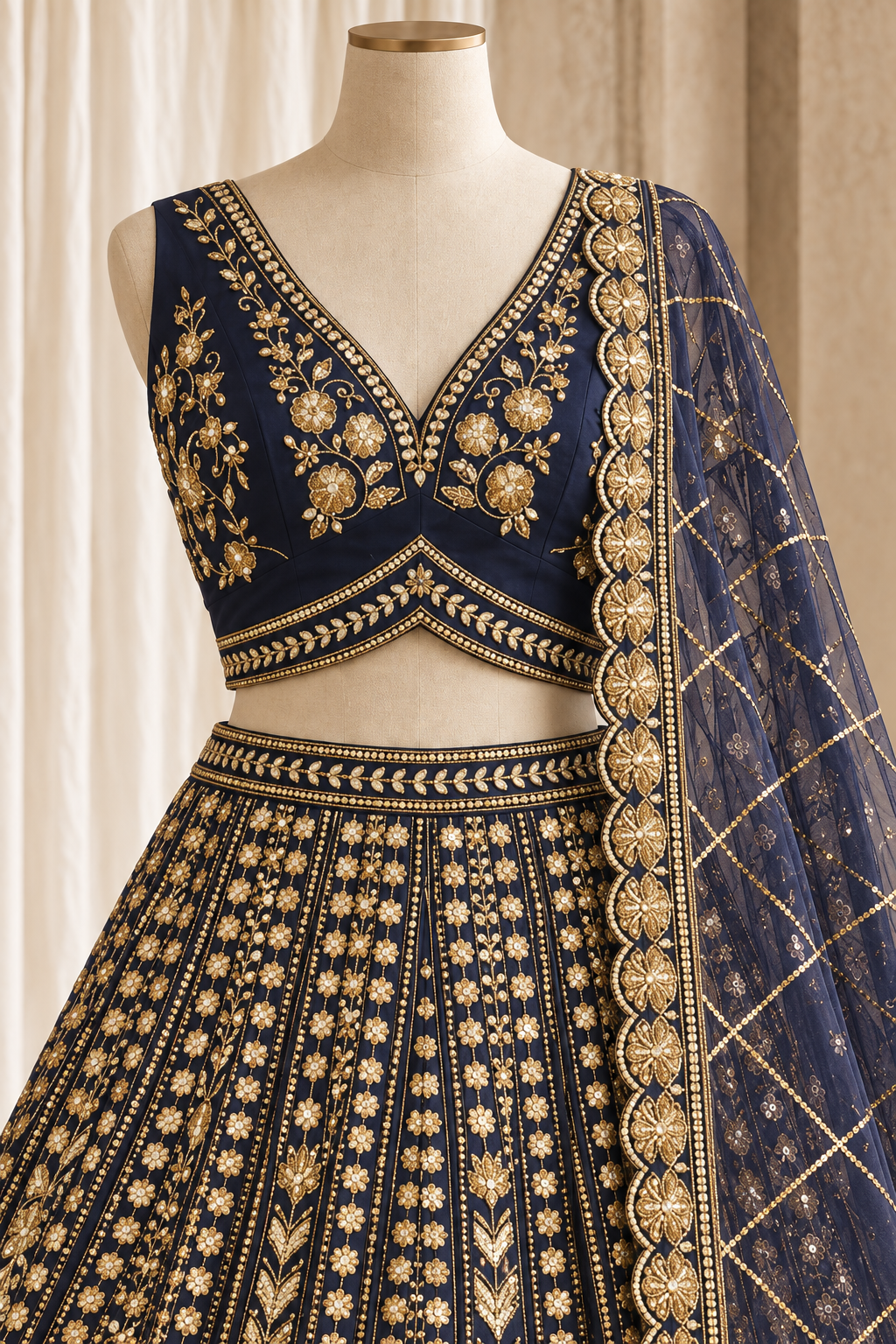 Statuesque Soft Net Fabric and Navy Blue Color With Cutdana Work Lehenga Choli