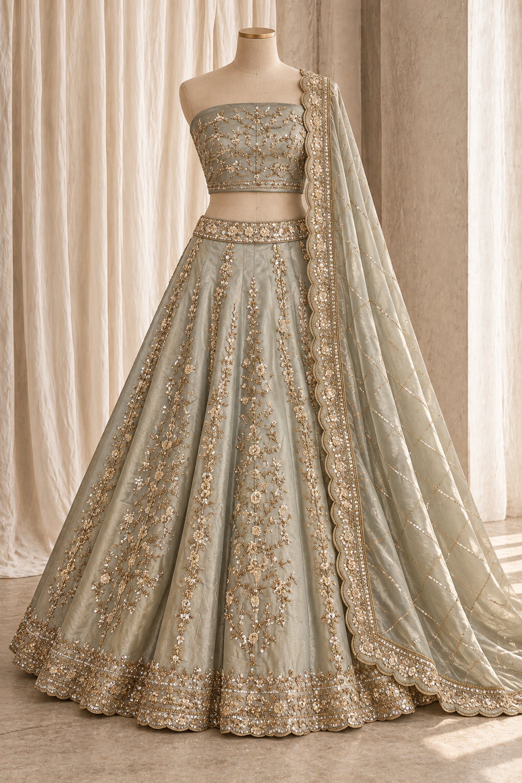 Snazzy Tissue Silk Fabric and Pastel Green Color With Cutdana Work Lehenga Choli