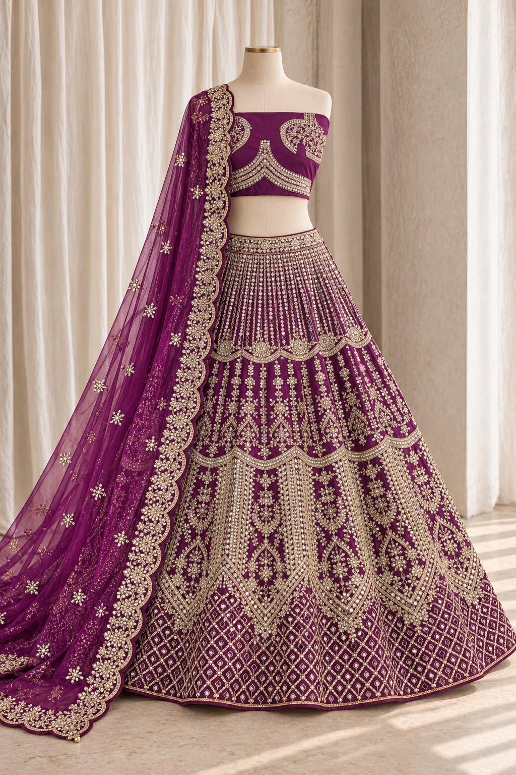 Photogenic Taffeta Silk Fabric and Purple Color With Mirror Work Lehenga Choli