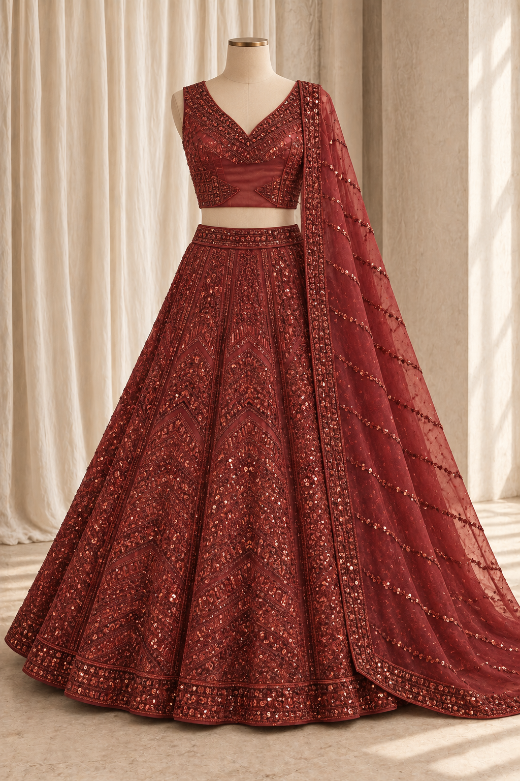 Presentable Soft Net Fabric and Maroon Color With Sequins Work Lehenga Choli