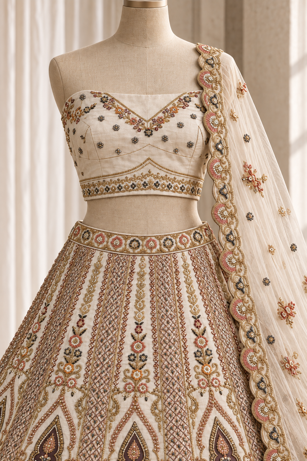 Showy Art Net Fabric and Ivory Color With Cutdana Work Lehenga Choli