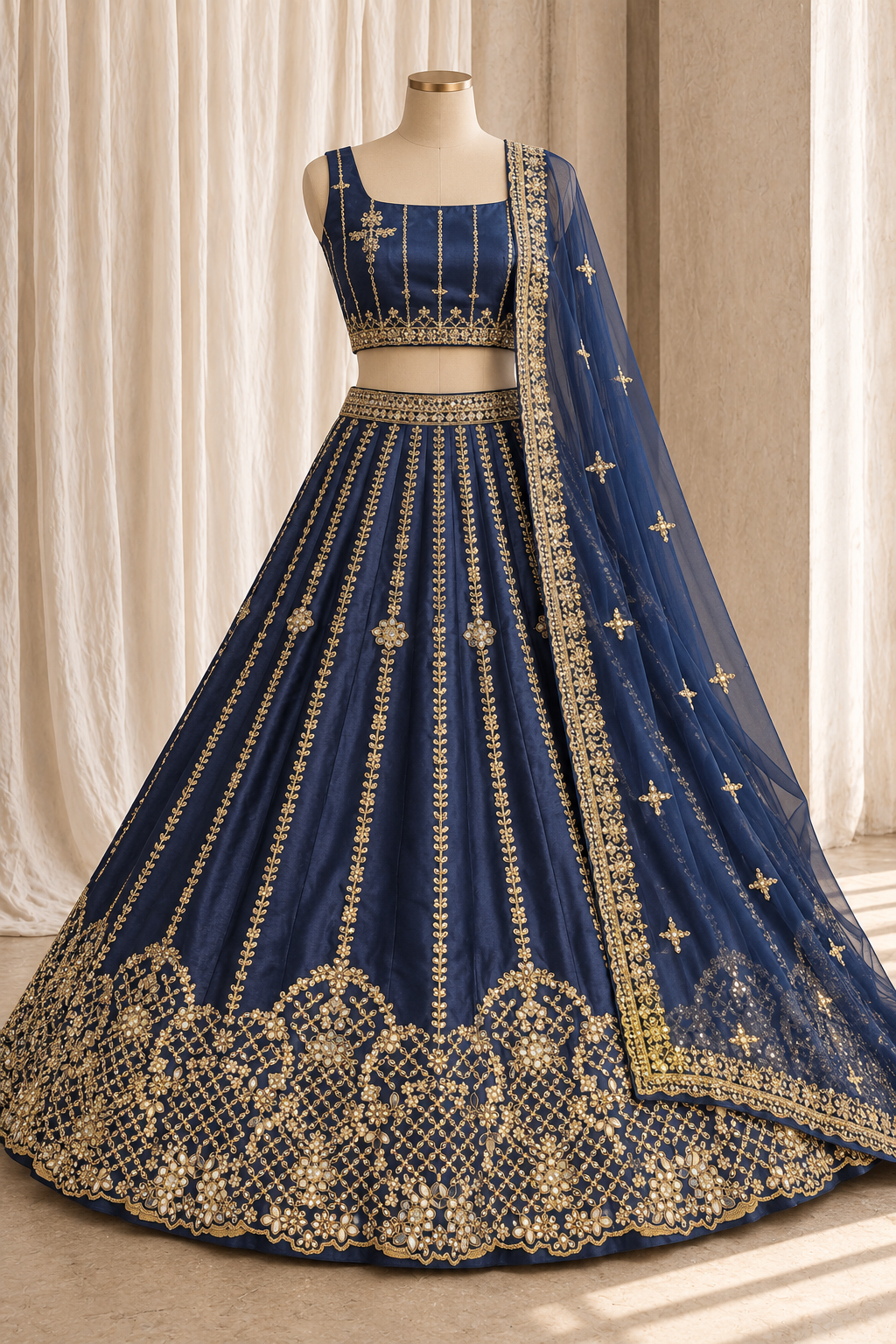 Personable Taffeta Silk Fabric and Navy Blue Color With Mirror Work Lehenga Choli