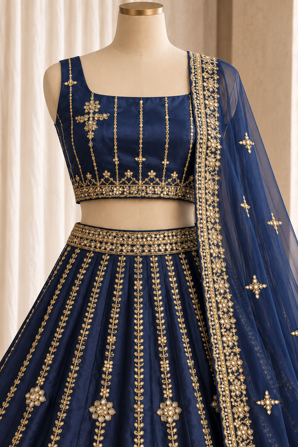 Personable Taffeta Silk Fabric and Navy Blue Color With Mirror Work Lehenga Choli