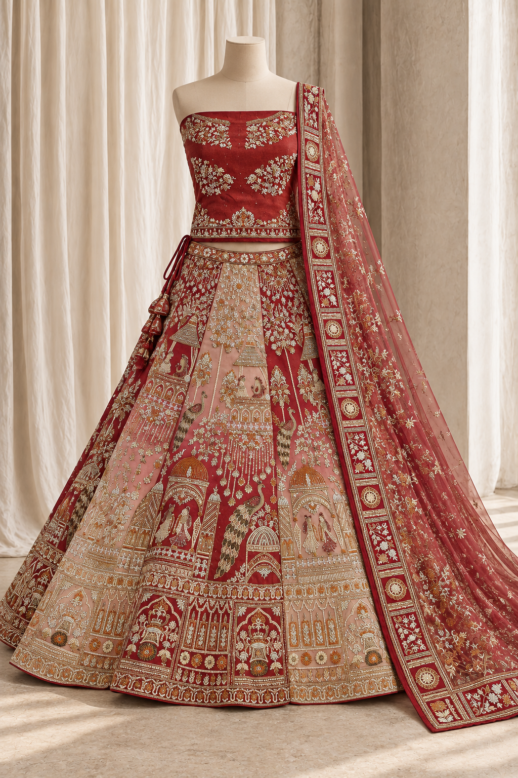 Prepossessing Tissue Silk Fabric and Red Peach Color With Moti Work Lehenga Choli