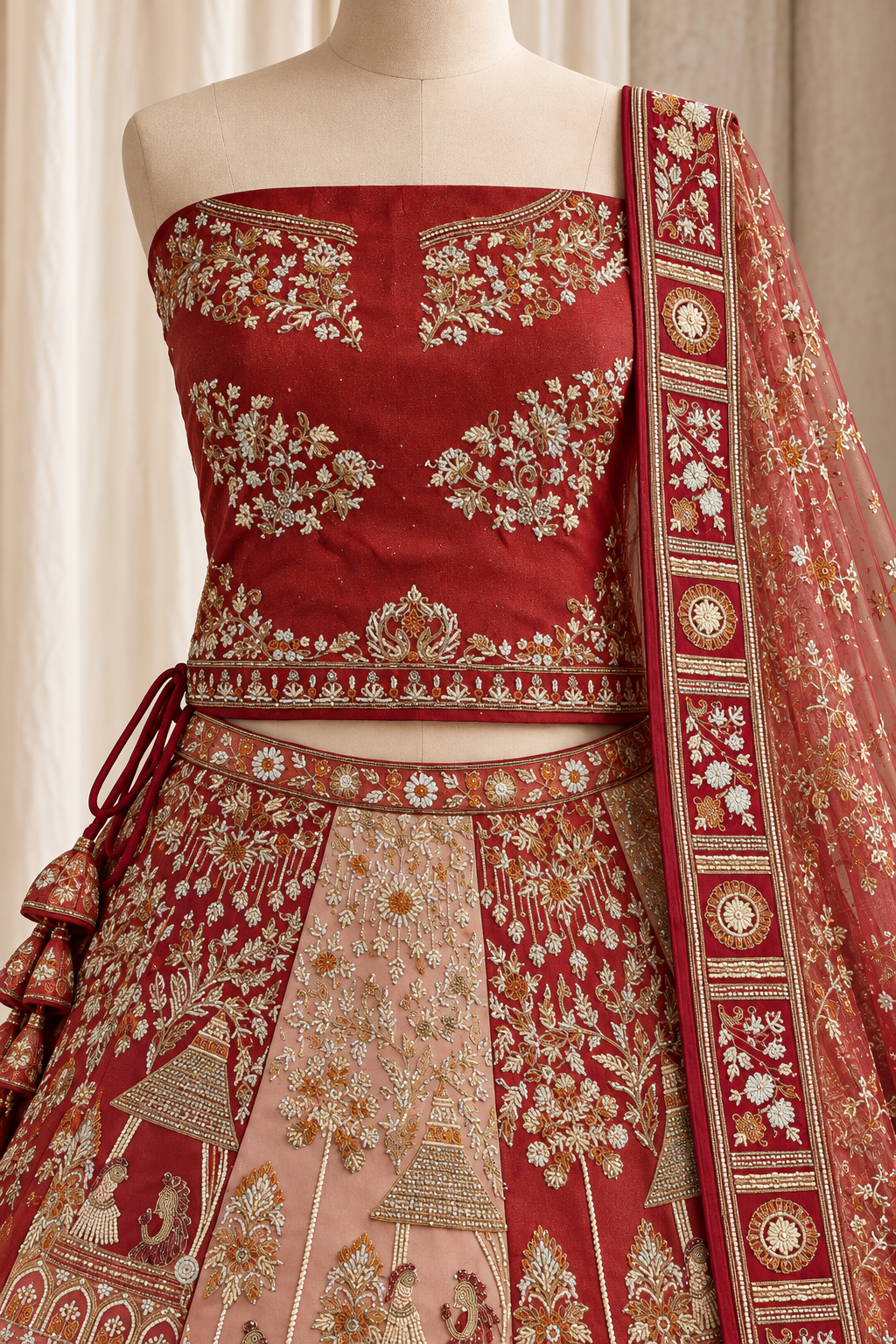 Prepossessing Tissue Silk Fabric and Red Peach Color With Moti Work Lehenga Choli
