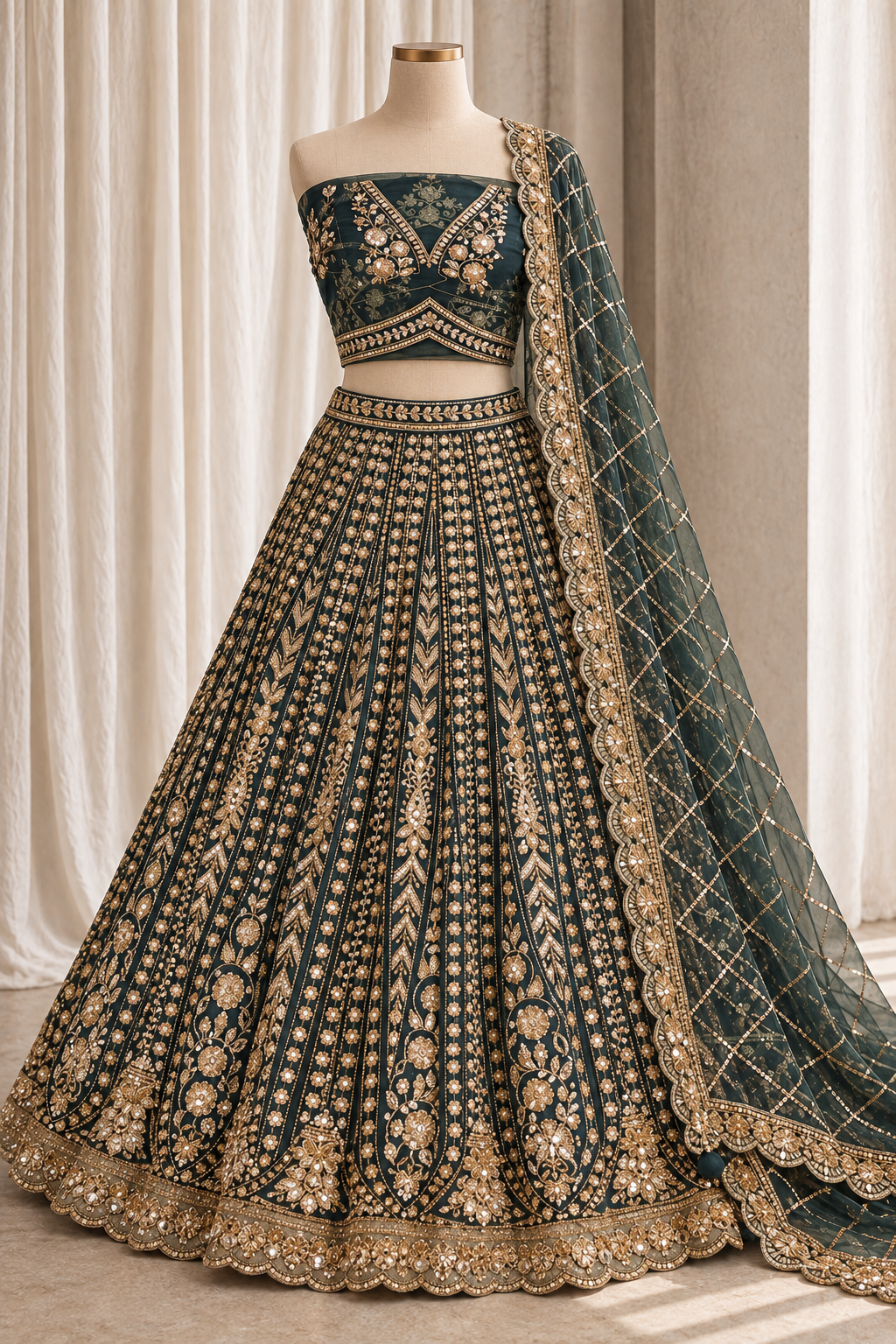 Statuesque Soft Net Fabric and Bottle Green Color With Cutdana Work Lehenga Choli