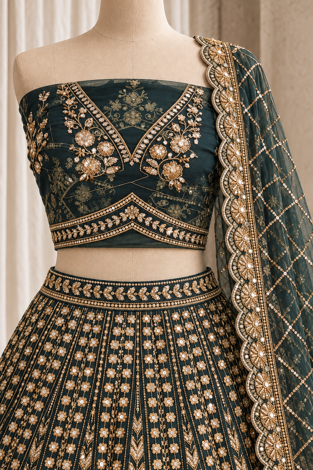 Statuesque Soft Net Fabric and Bottle Green Color With Cutdana Work Lehenga Choli