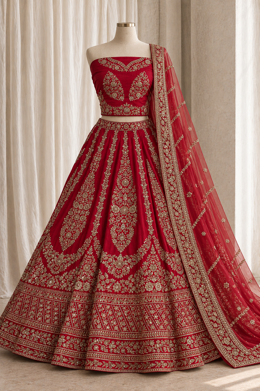 Resplendent Raw Silk Fabric and Cherry Red Color With Zardozi Work Bridal Lehenga Choli