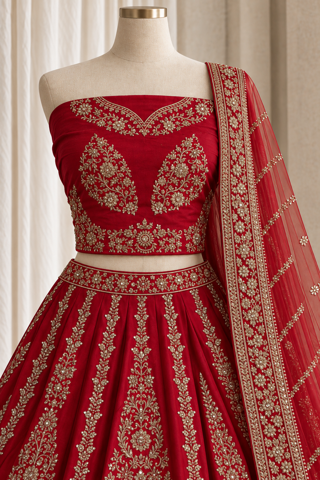 Resplendent Raw Silk Fabric and Cherry Red Color With Zardozi Work Bridal Lehenga Choli