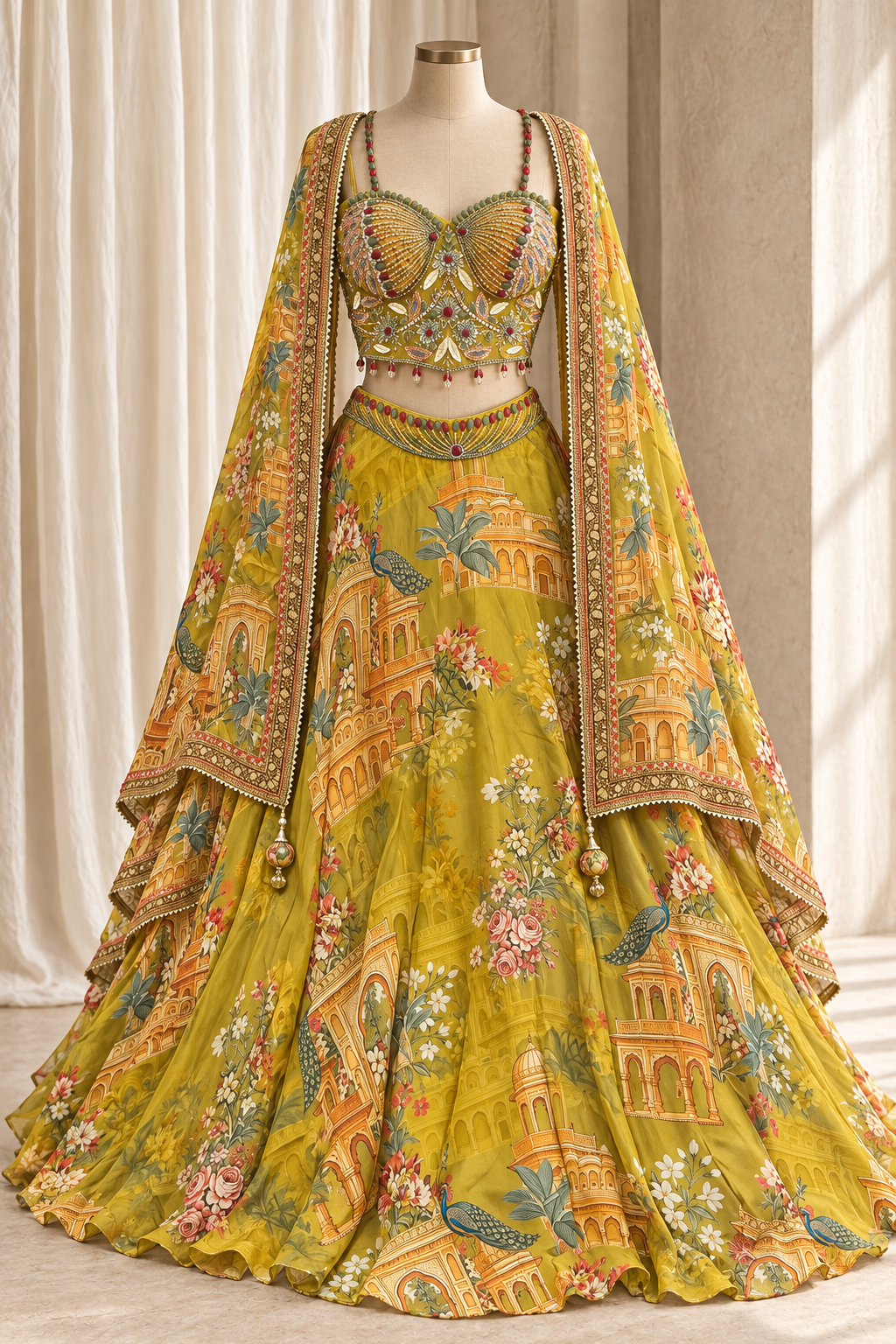 Royal Crepe Silk Fabric and Musturd Color With Digital Print Work Lehenga Choli