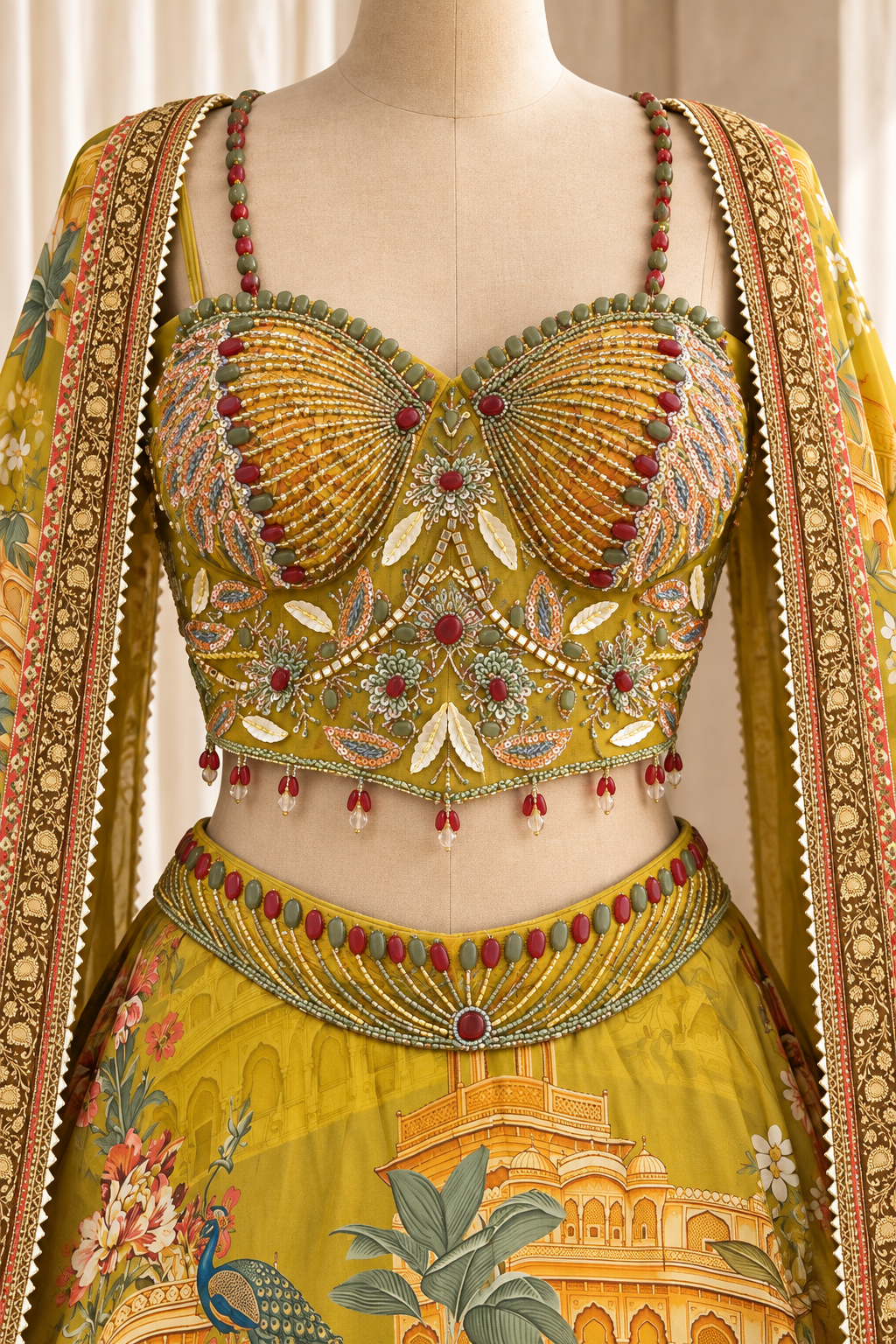 Royal Crepe Silk Fabric and Musturd Color With Digital Print Work Lehenga Choli