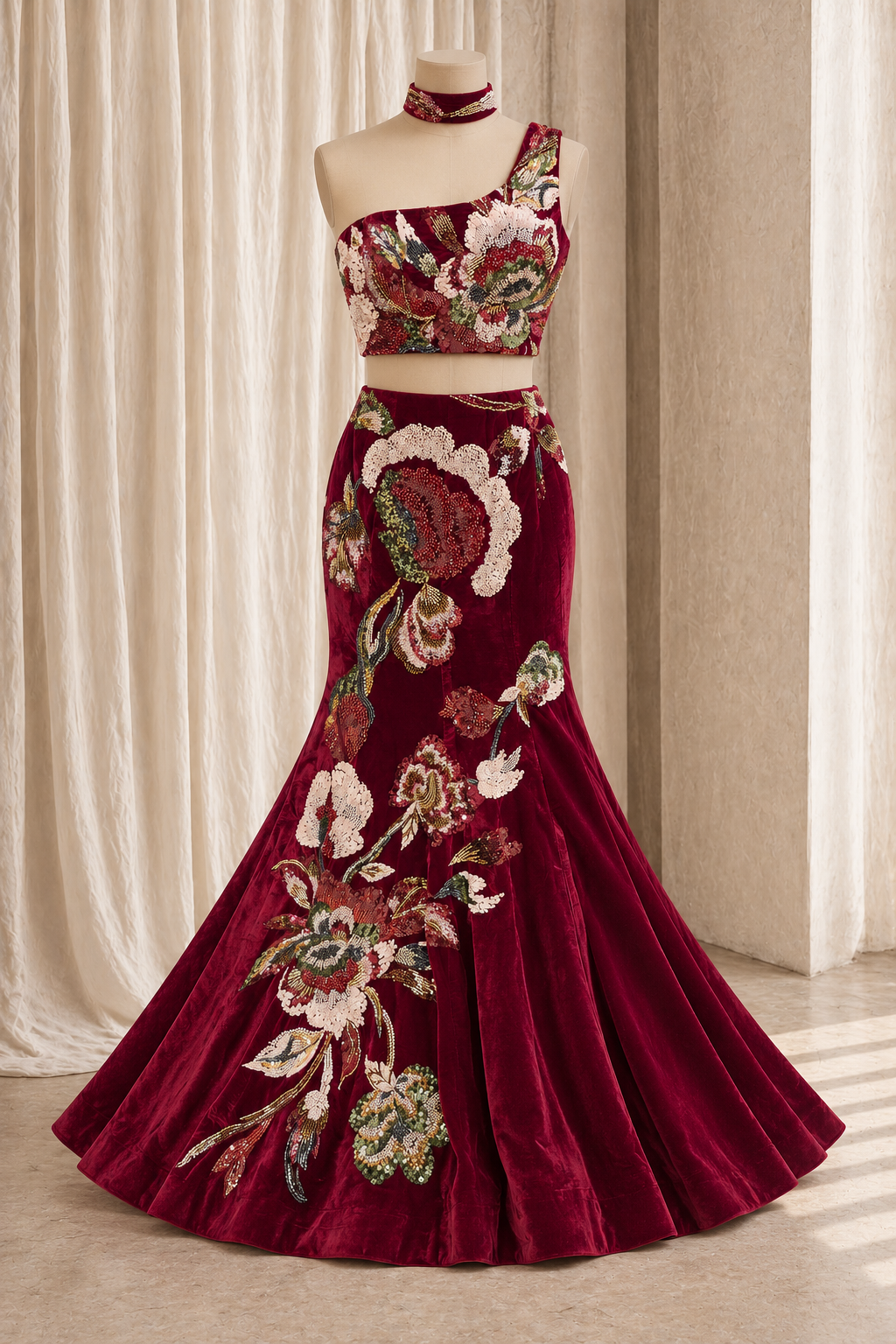 Resplendent Velvet Fabric and Red Color With Sequins Fishcut Lehenga Choli