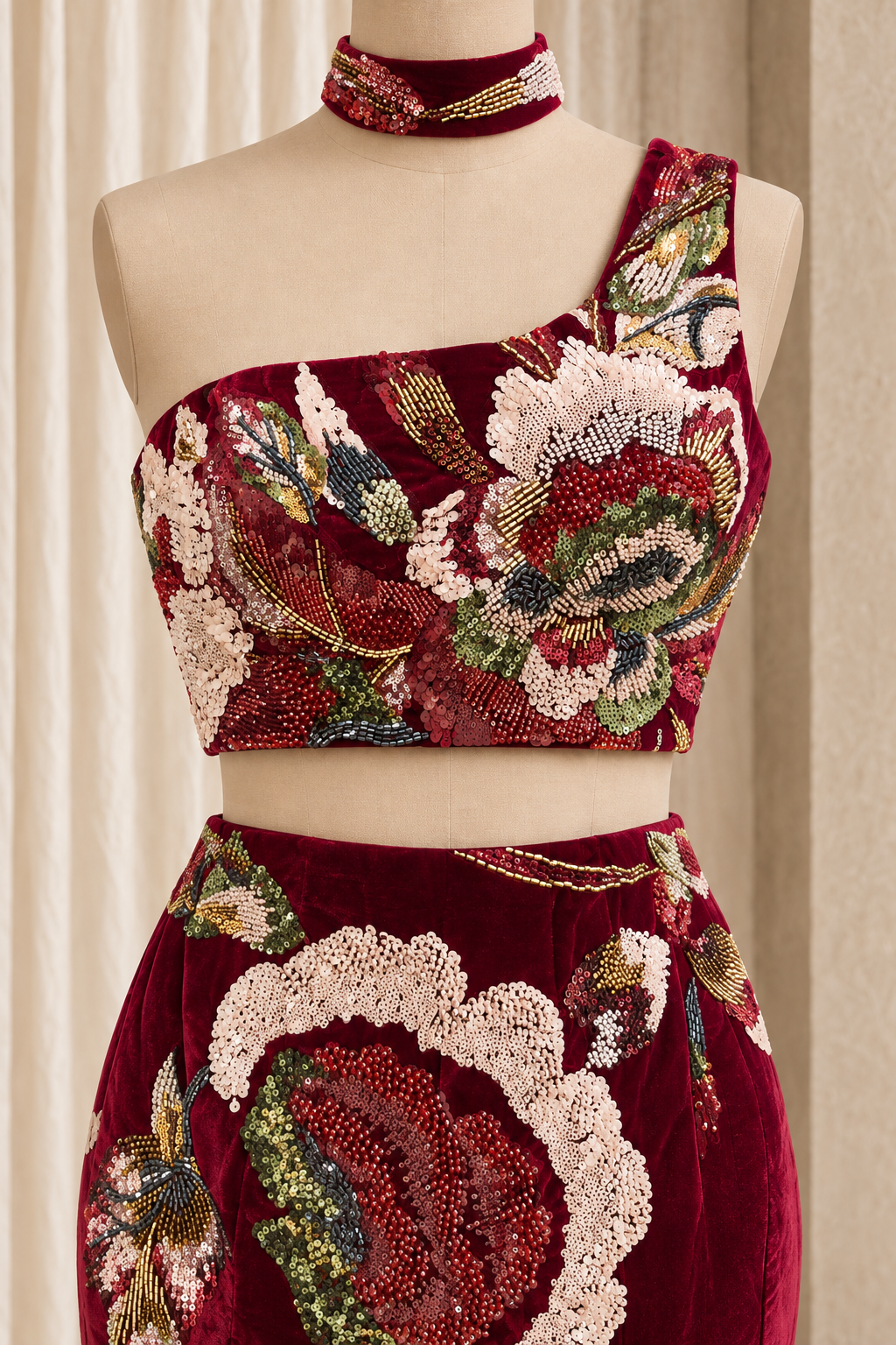 Resplendent Velvet Fabric and Red Color With Sequins Fishcut Lehenga Choli