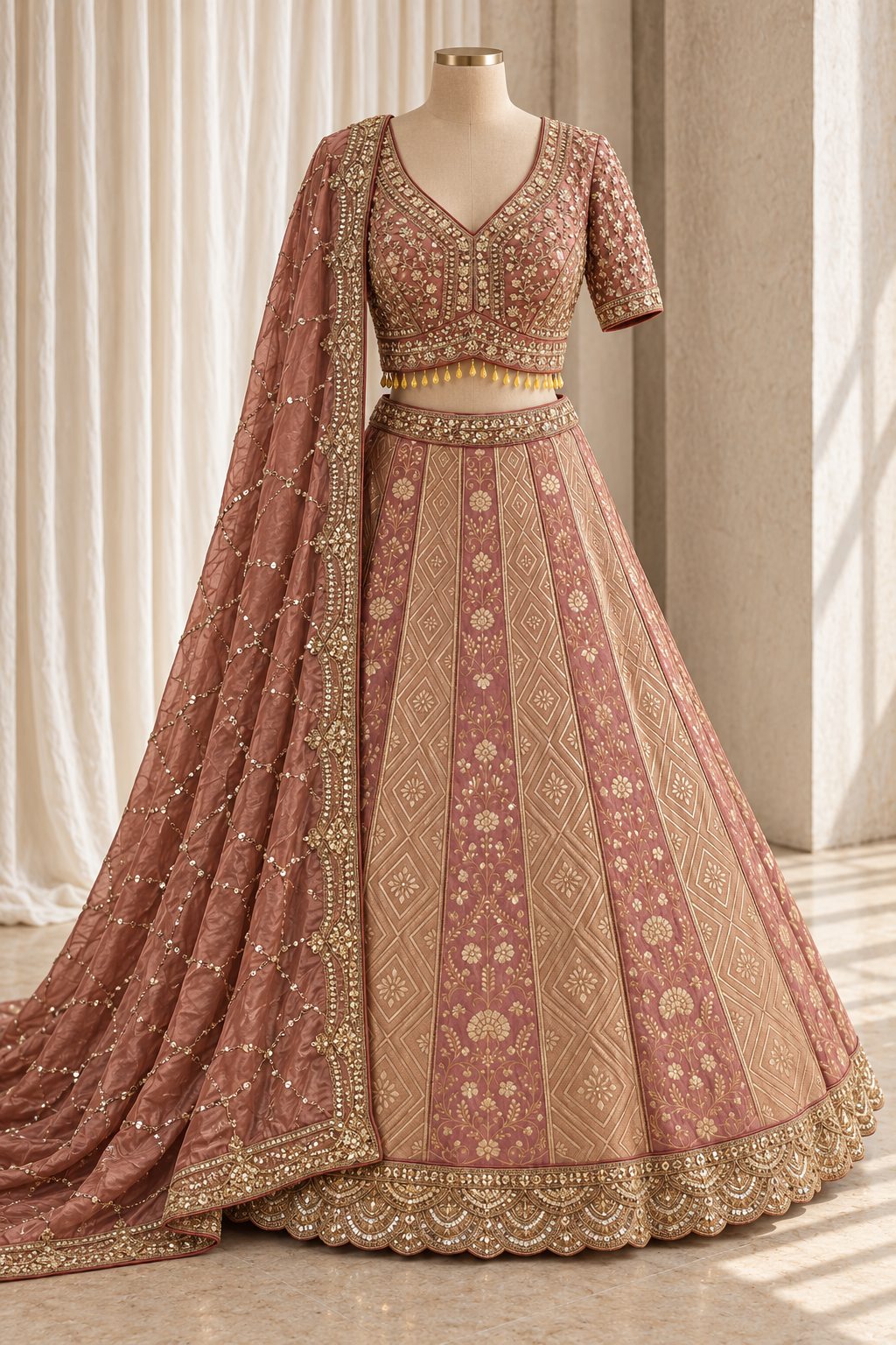 Intricate Banarasi Silk Fabric and Mauve Color With Cutdana Work Lehenga Choli