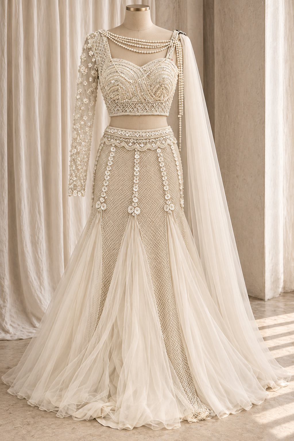 Photogenic Soft Net Fabric and Off white Color With Moti Work Fishcut Lehenga Choli