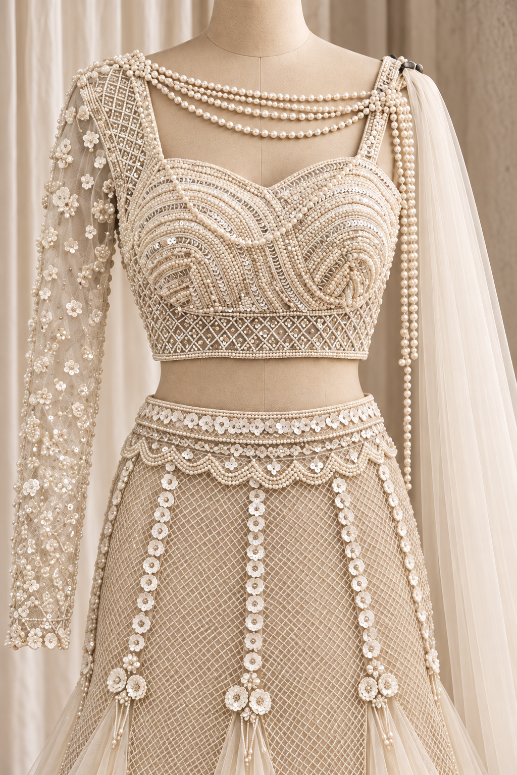 Photogenic Soft Net Fabric and Off white Color With Moti Work Fishcut Lehenga Choli
