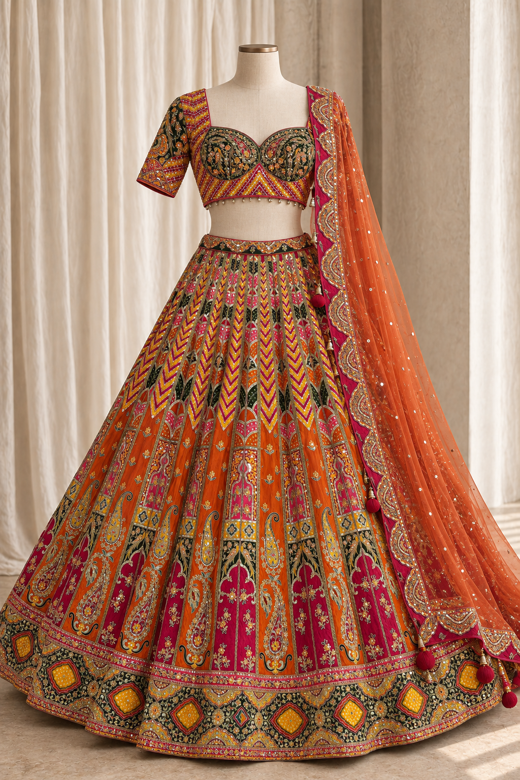 Dazzling crepe Silk Fabric and Orange Color With Zardozi Work Lehenga Choli