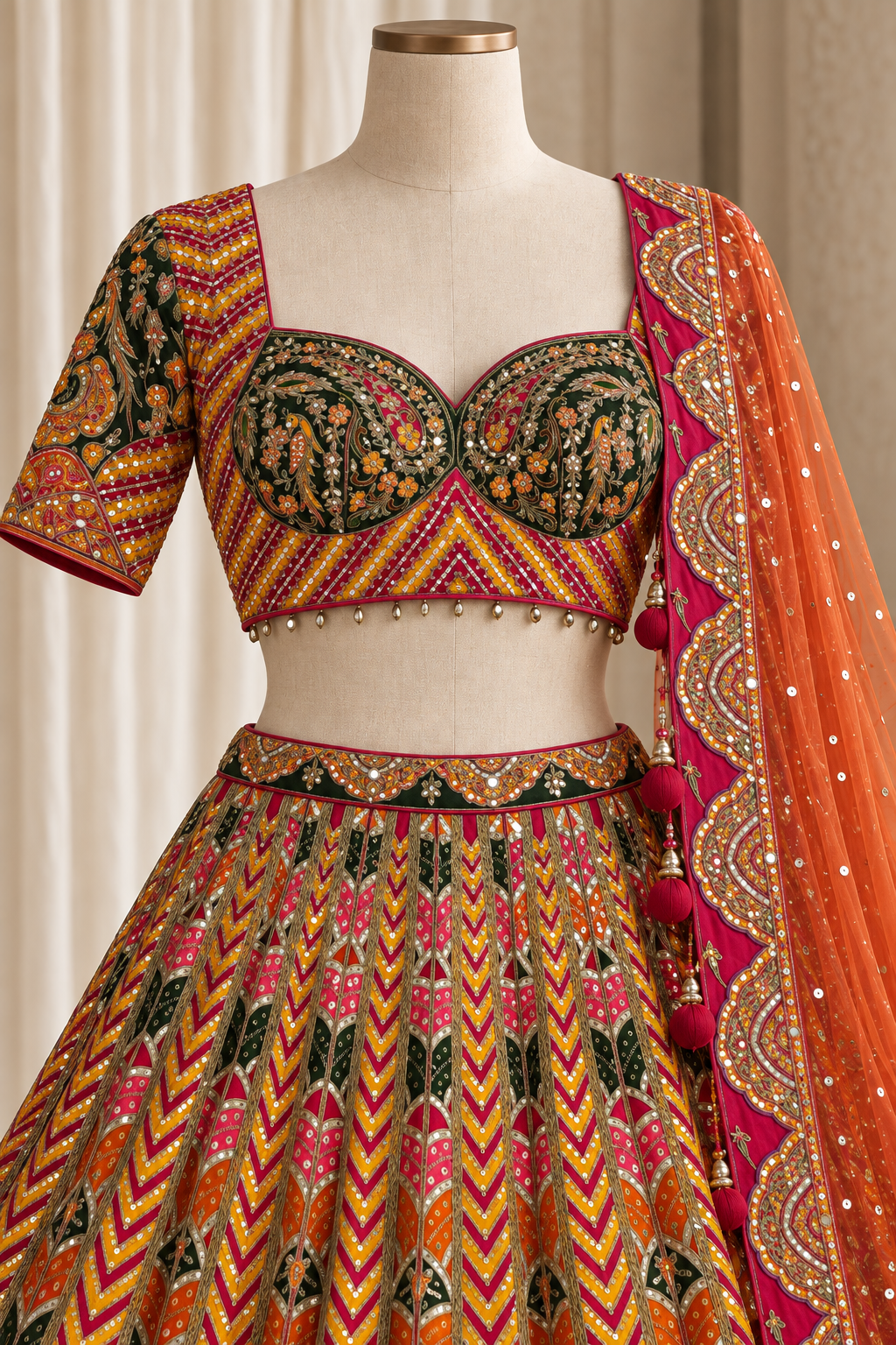 Dazzling crepe Silk Fabric and Orange Color With Zardozi Work Lehenga Choli