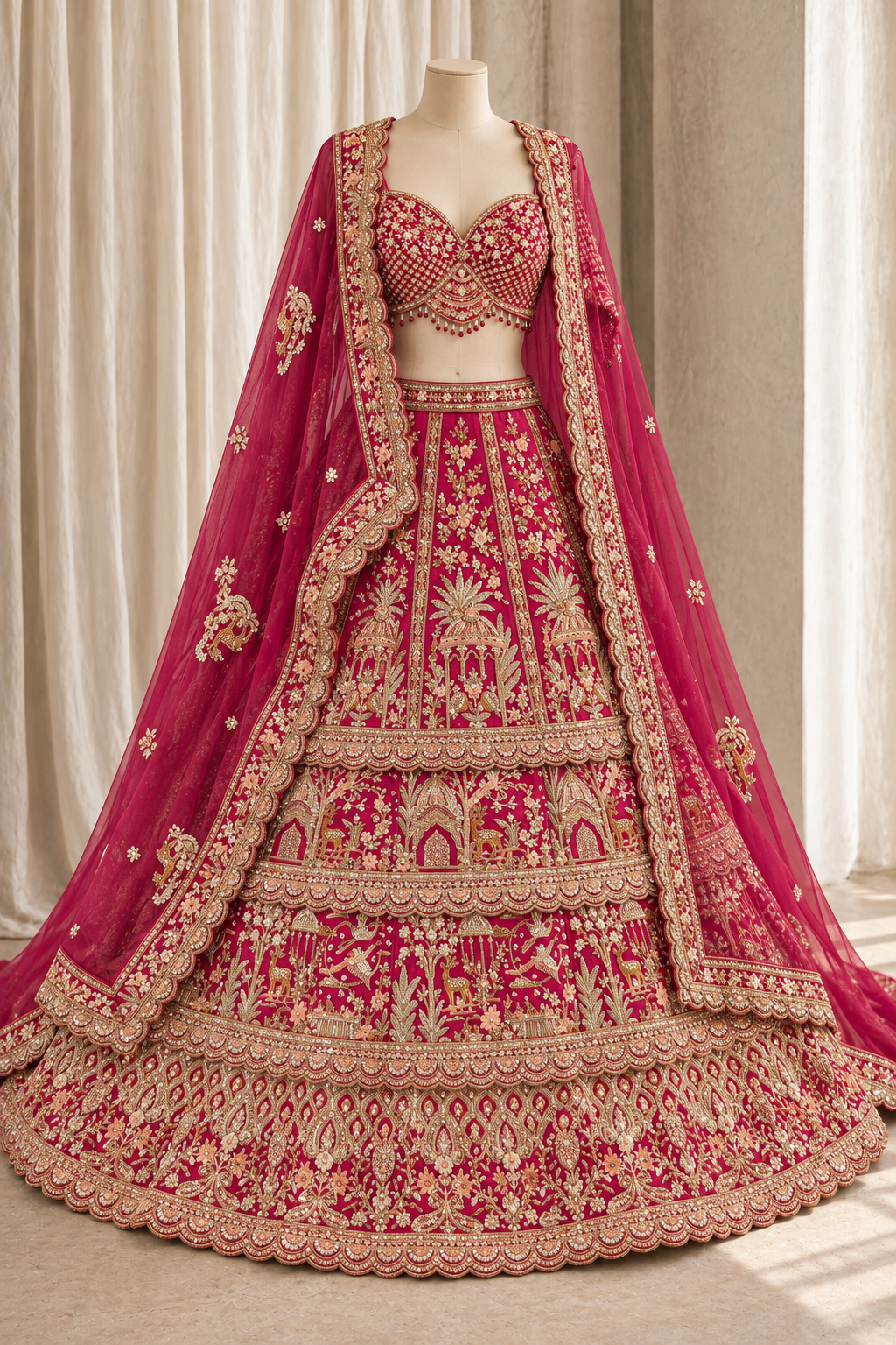 Attractive 4 Layer Raw Silk Fabric and Cherry Red Color With Thread Work Lehenga Choli