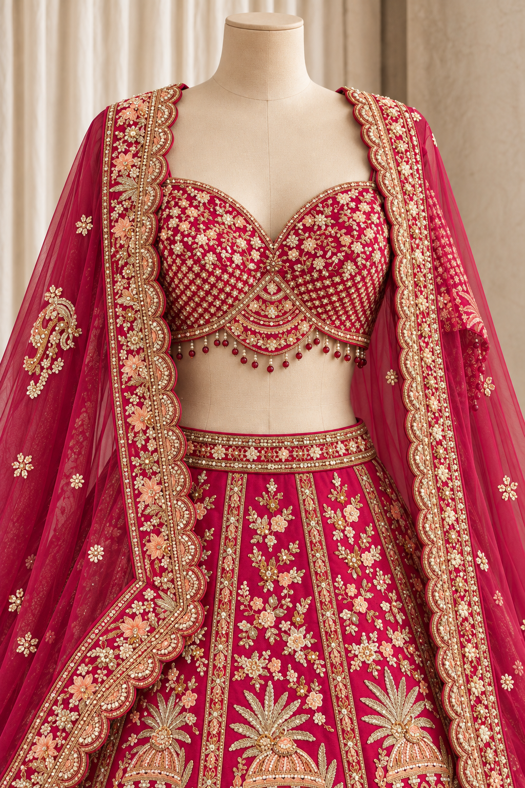 Attractive 4 Layer Raw Silk Fabric and Cherry Red Color With Thread Work Lehenga Choli