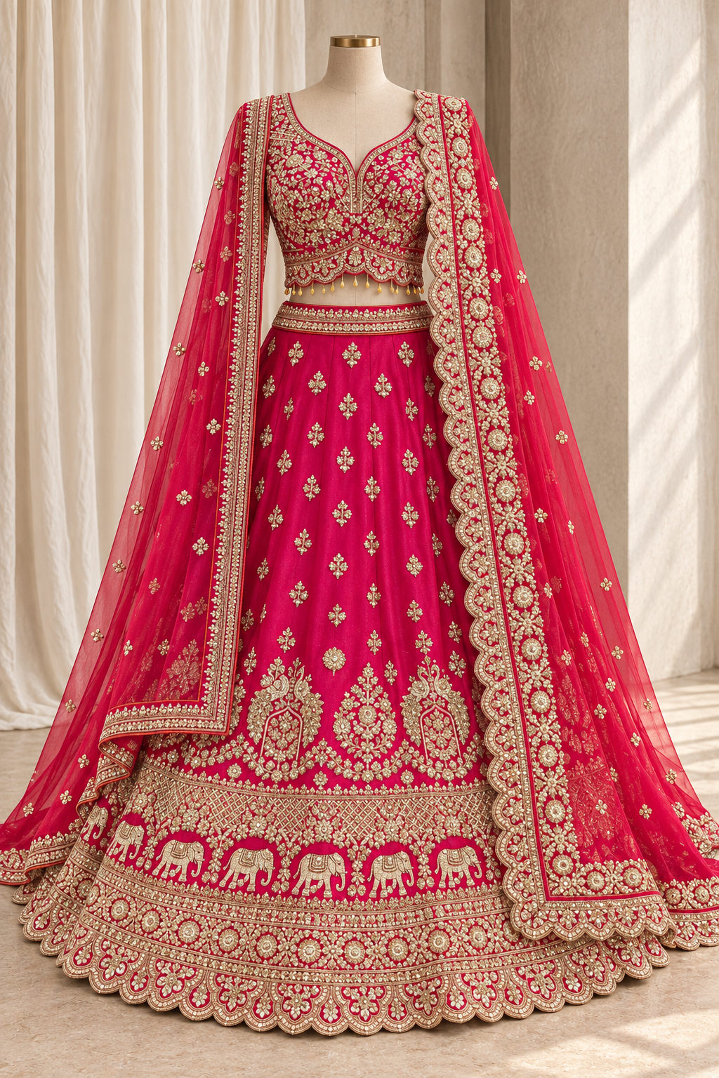 Stunning Raw Silk Fabric and Rani Color With Cutdana Work Lehenga Choli