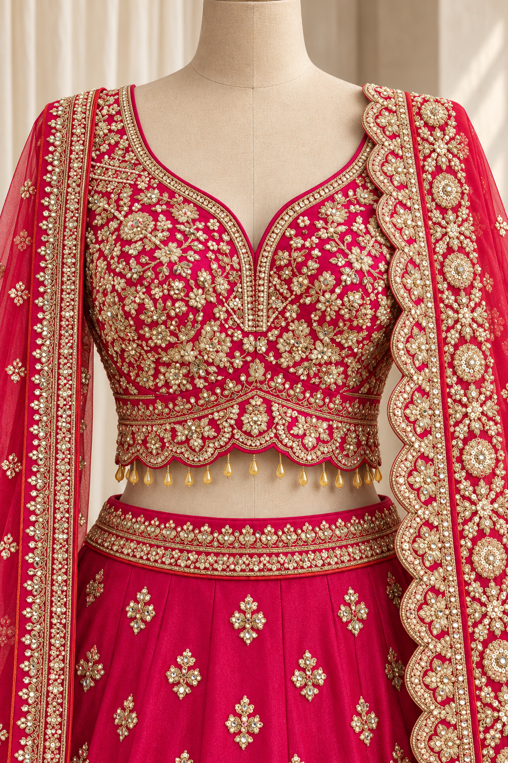 Stunning Raw Silk Fabric and Rani Color With Cutdana Work Lehenga Choli
