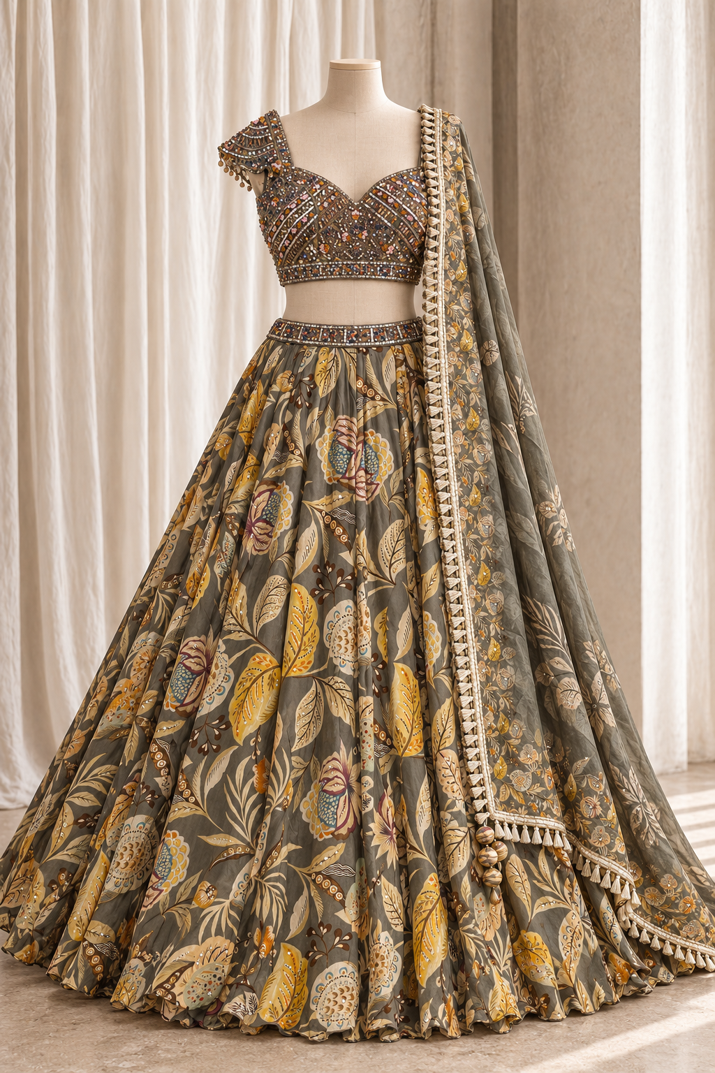 Radiance Crepe Silk Fabric and Rama Green Color With Digital Print Work Lehenga Choli