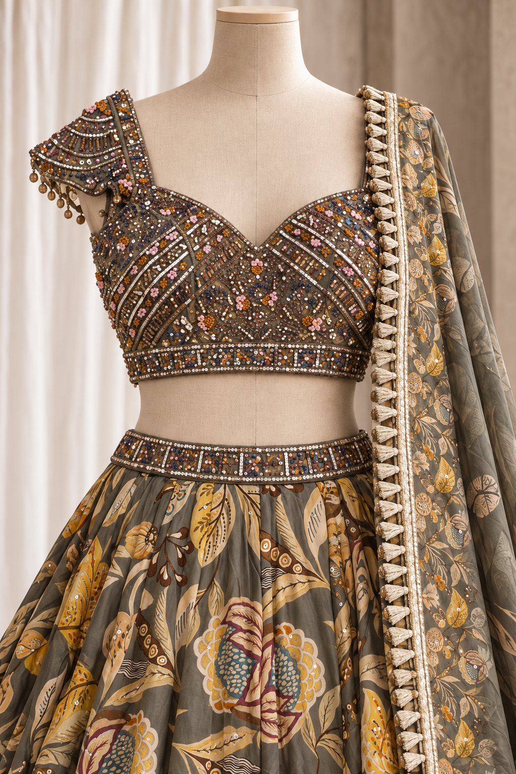 Radiance Crepe Silk Fabric and Rama Green Color With Digital Print Work Lehenga Choli