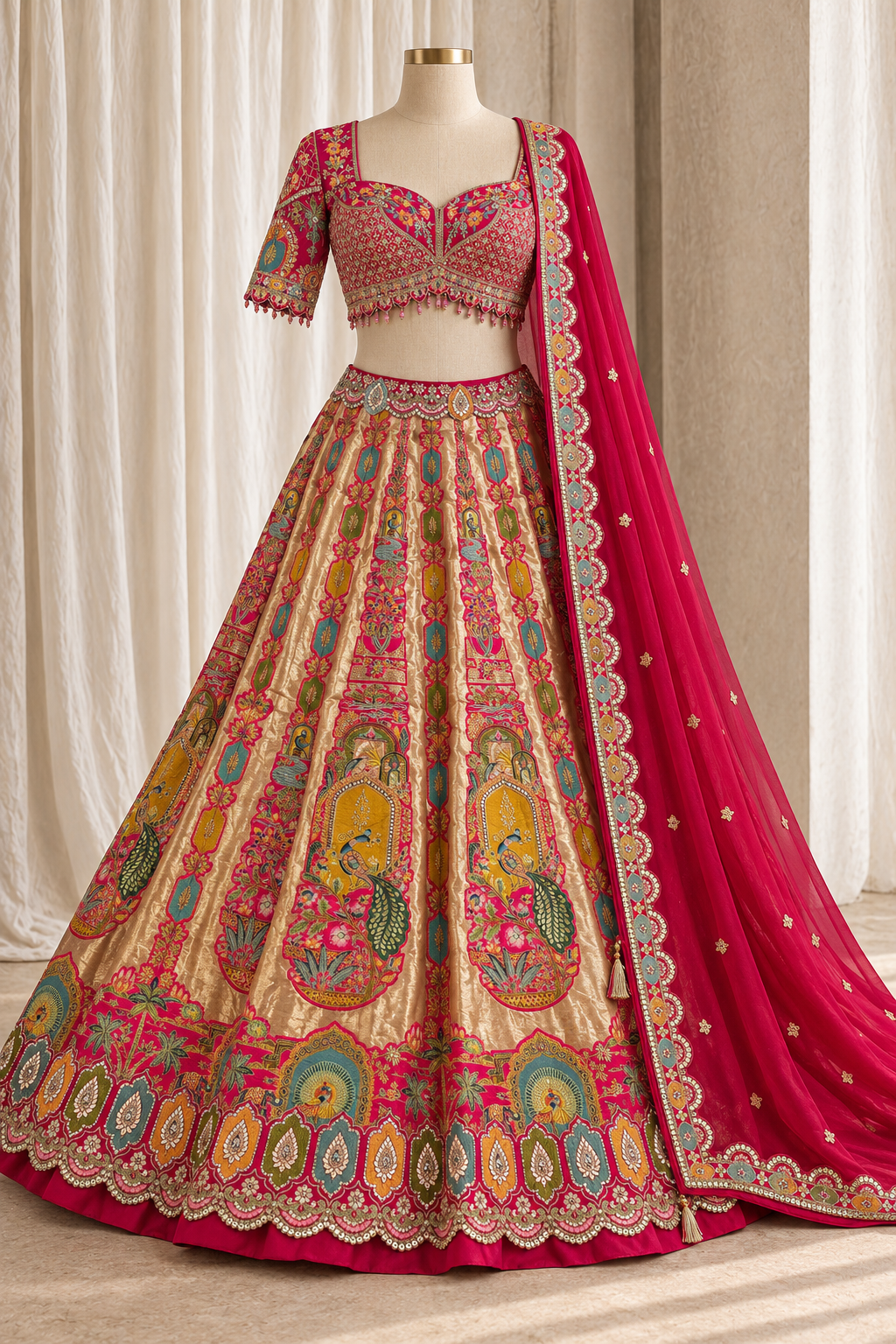 Elegance Brocade Silk Fabric and Rani Color With Weaving Print Lehenga Choli