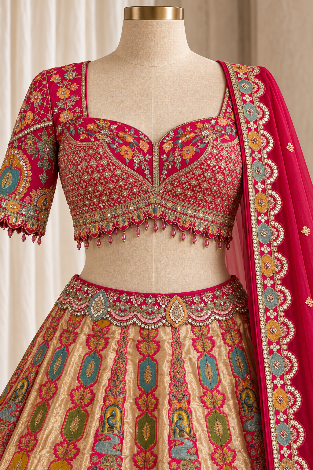 Elegance Brocade Silk Fabric and Rani Color With Weaving Print Lehenga Choli